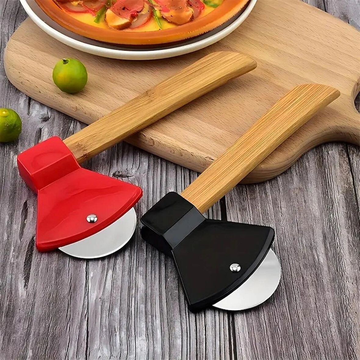 1 Ad. Pizza Kesici Tekerleği Balta Şekil Paslanmaz Çelik, Bambu Saplı Kesici Kurabiye, Kek, Ekmek