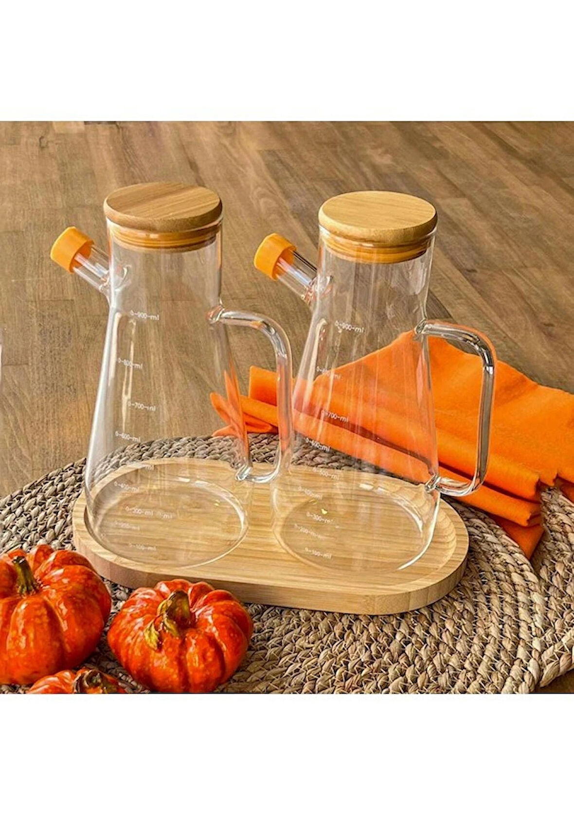 2'li Bambu Kapaklı Ahşap Standlı Camlı Yağdanlık & Sirkelik & Zeytinyağı Şisesi 900 ml 3lü Set