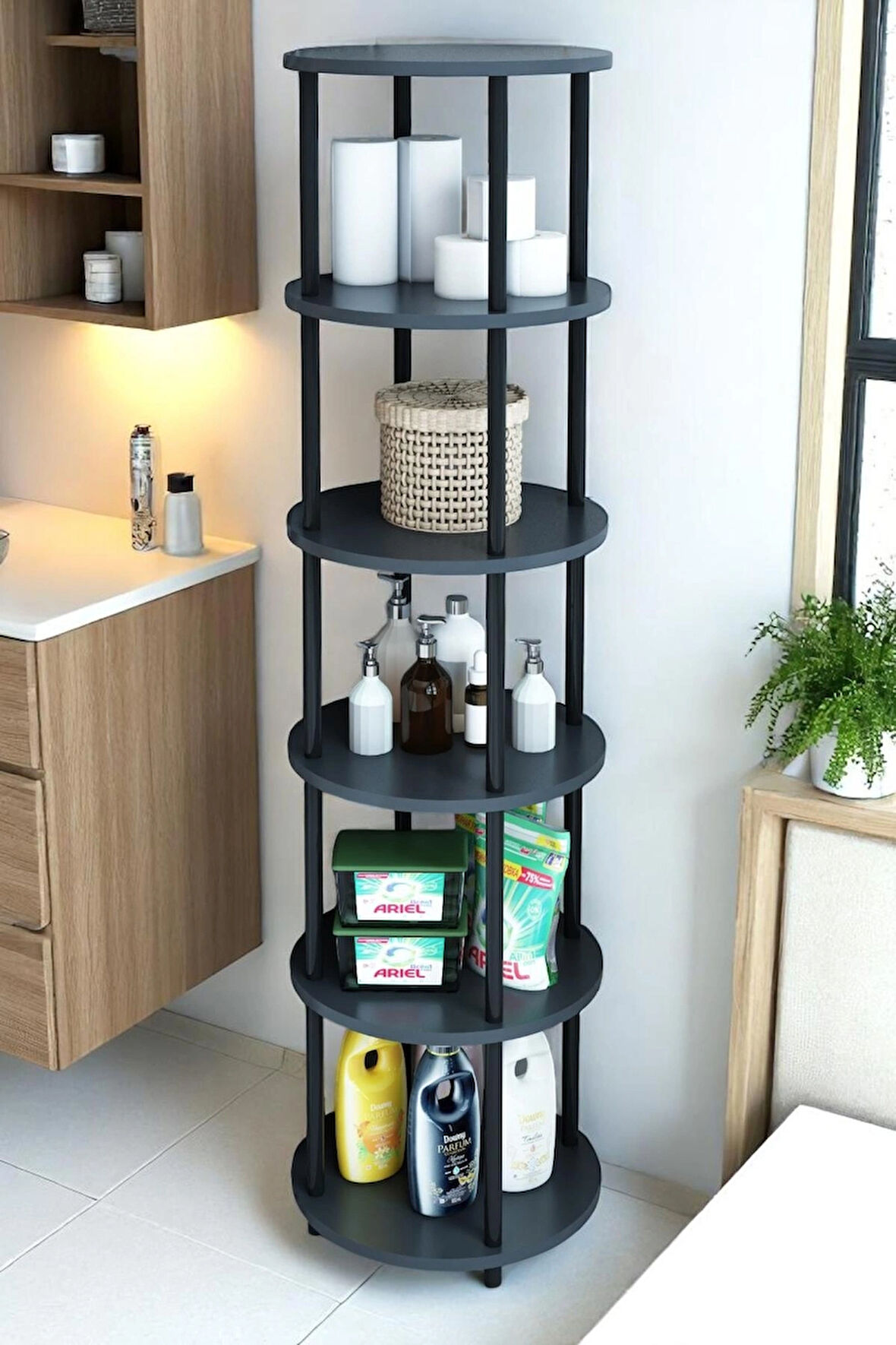 6 Raflı Yuvarlak Banyo Dolabı Ayaklı Açık Raf Sistemli Havlu Dolabı Metal Gövde Banyo Düzenleyici