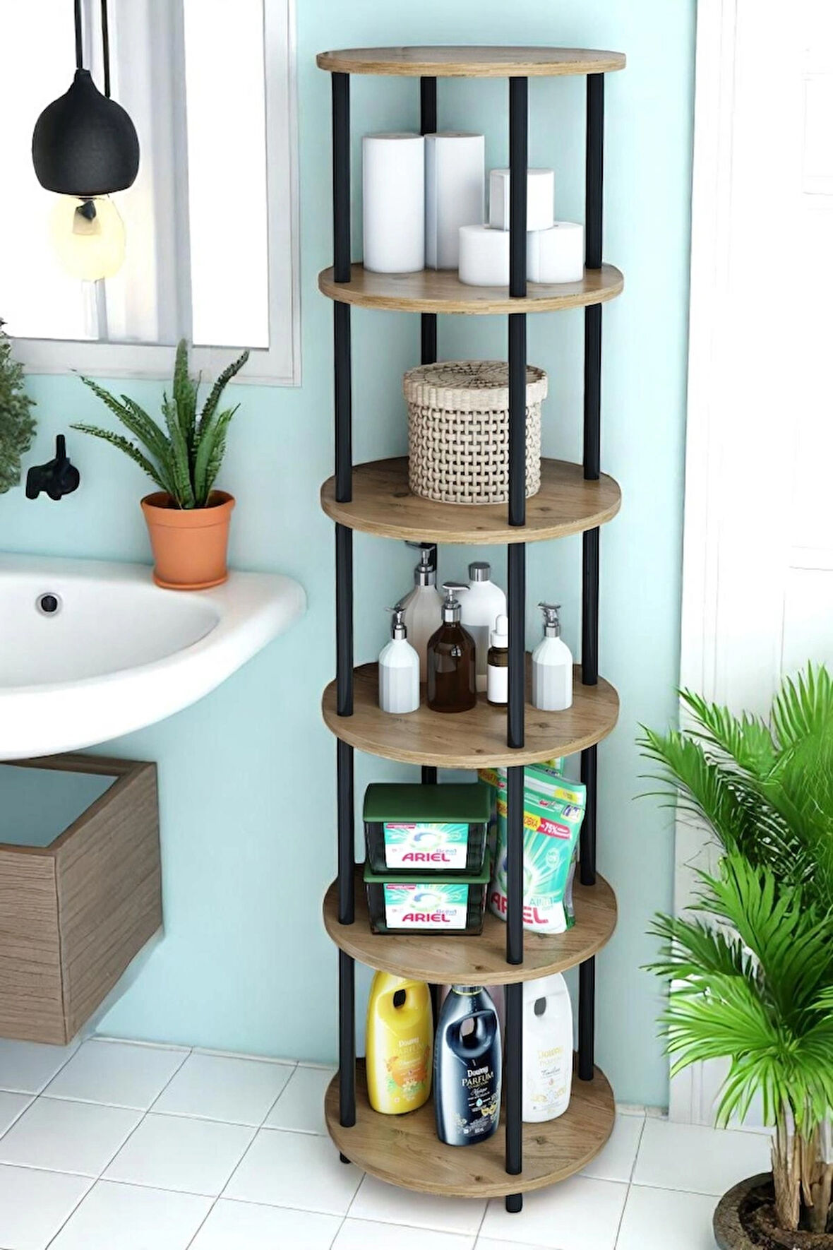 6 Raflı Yuvarlak Banyo Dolabı Ayaklı Açık Raf Sistemli Havlu Dolabı Metal Gövde Banyo Düzenleyici