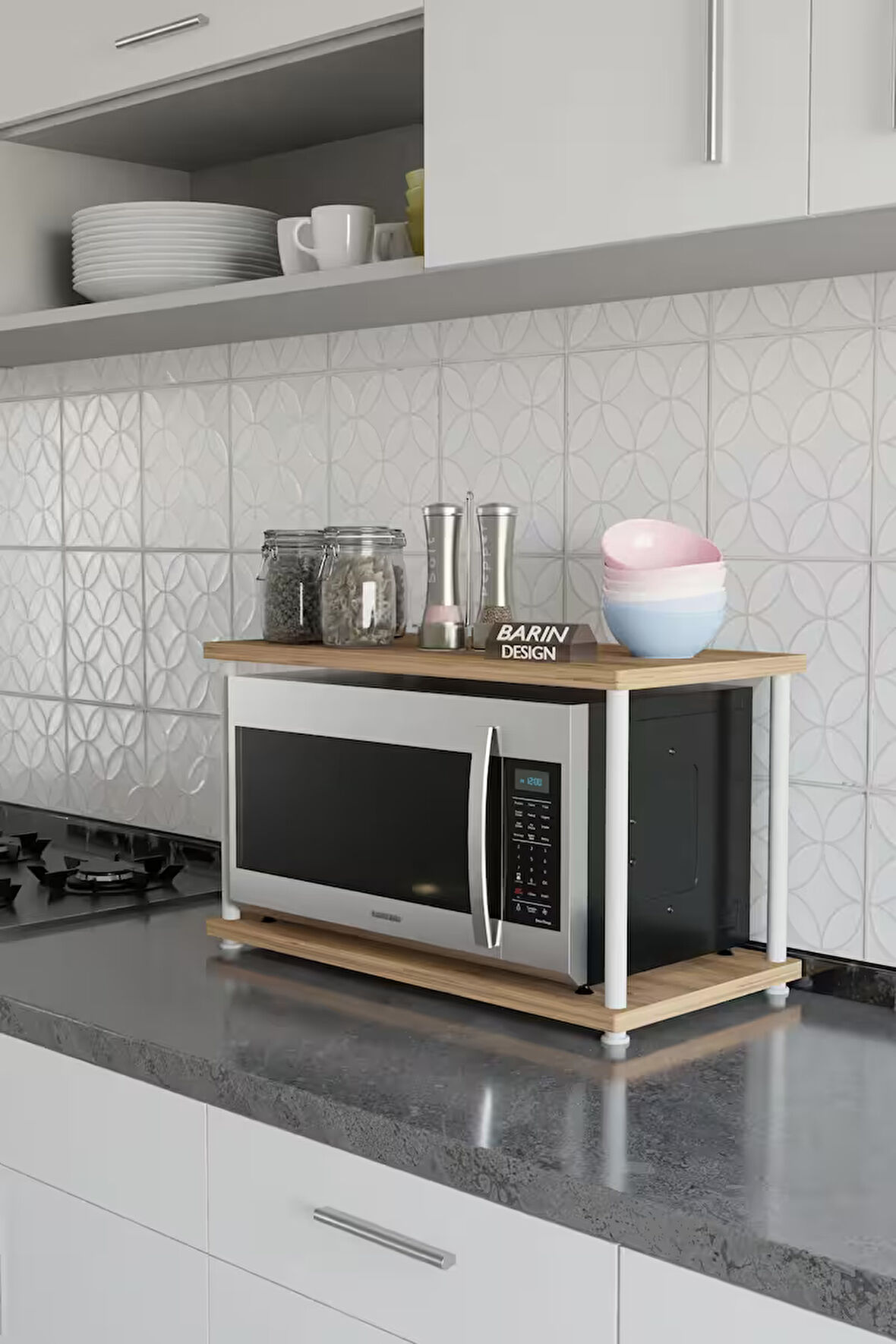 Çevir Kur Mutfak Tezgah Üstü Mikrodalga Rafı Beyaz Demir Organizer Stand Baharatlık Raf Sistemleri