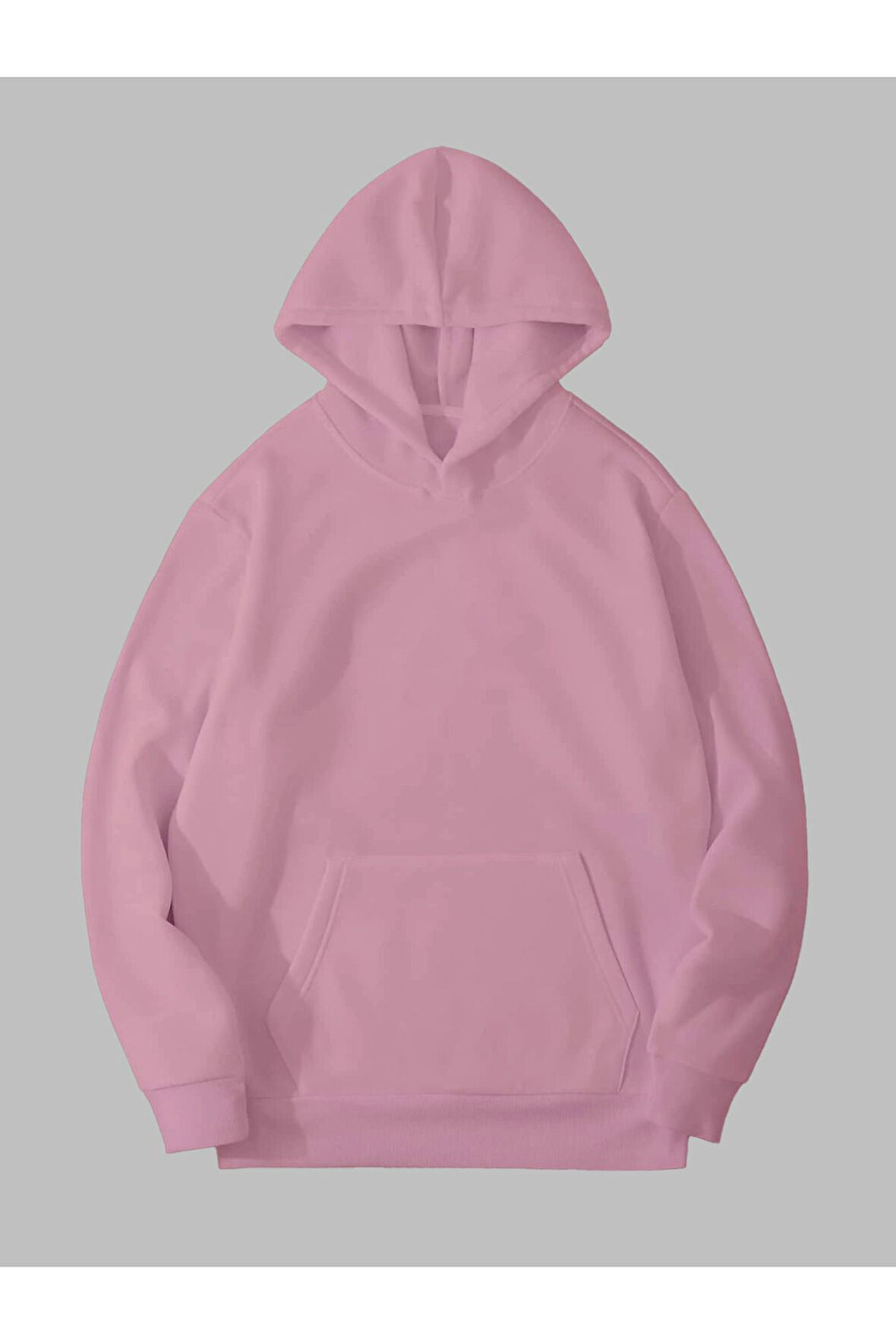 3 İplik Baskısız Pembe Kanguru Cepli Kapüşonlu Sweatshirt Hoodie | L