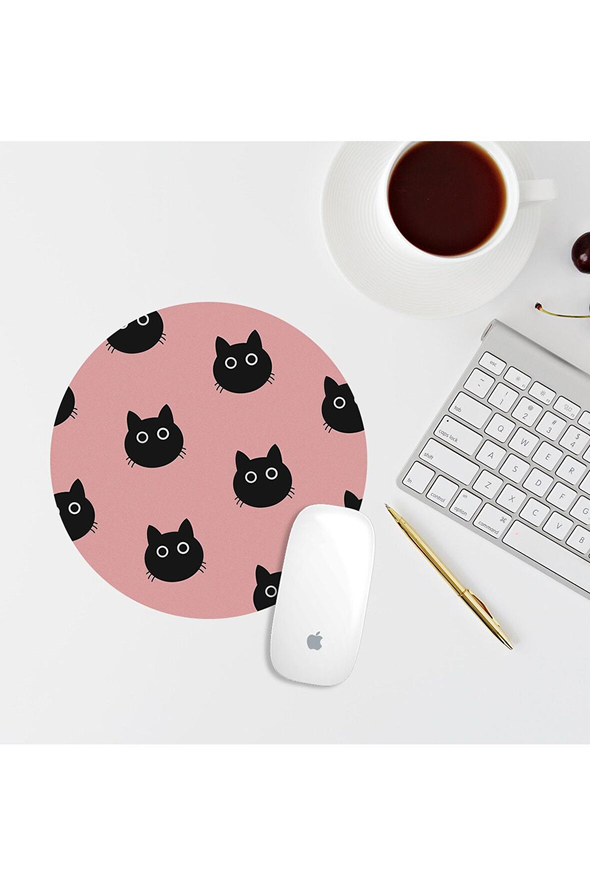  Pembe Siyah Kedili Yuvarlak Mouse Pad Mouse Altlığı