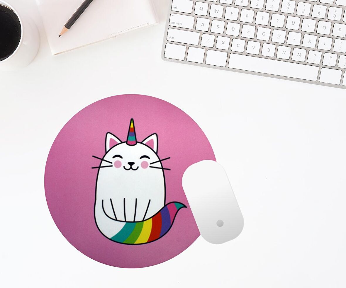 Unicorn Kedi Baskılı Yuvarlak Mouse Pad