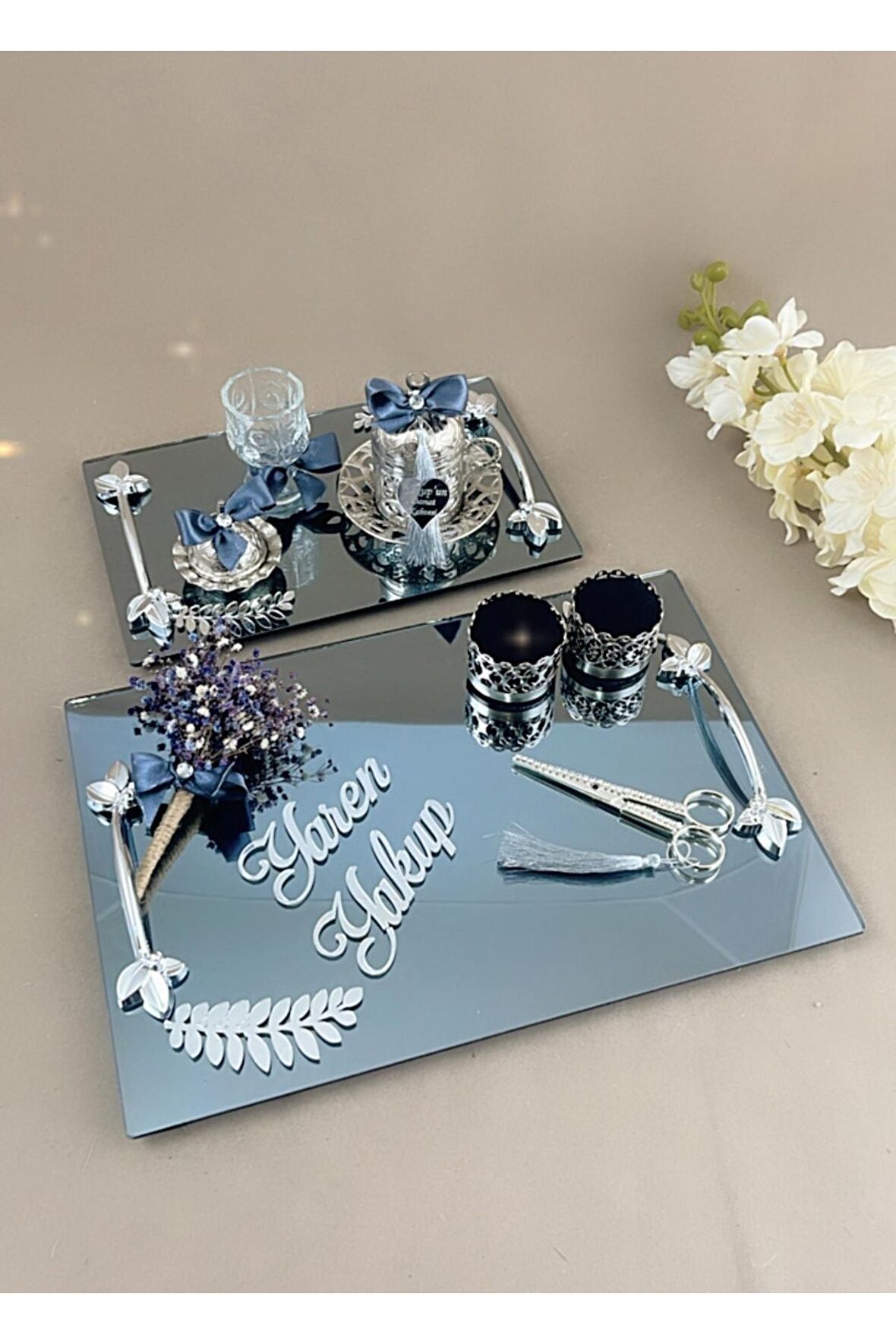 Aynalı Söz Nişan Tepsisi Damat Kahve Tepsi, ,söz Nişan Seti