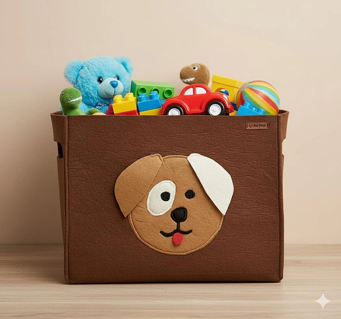 Köpek Figürlü Kahverengi Keçe Oyuncak Sepeti