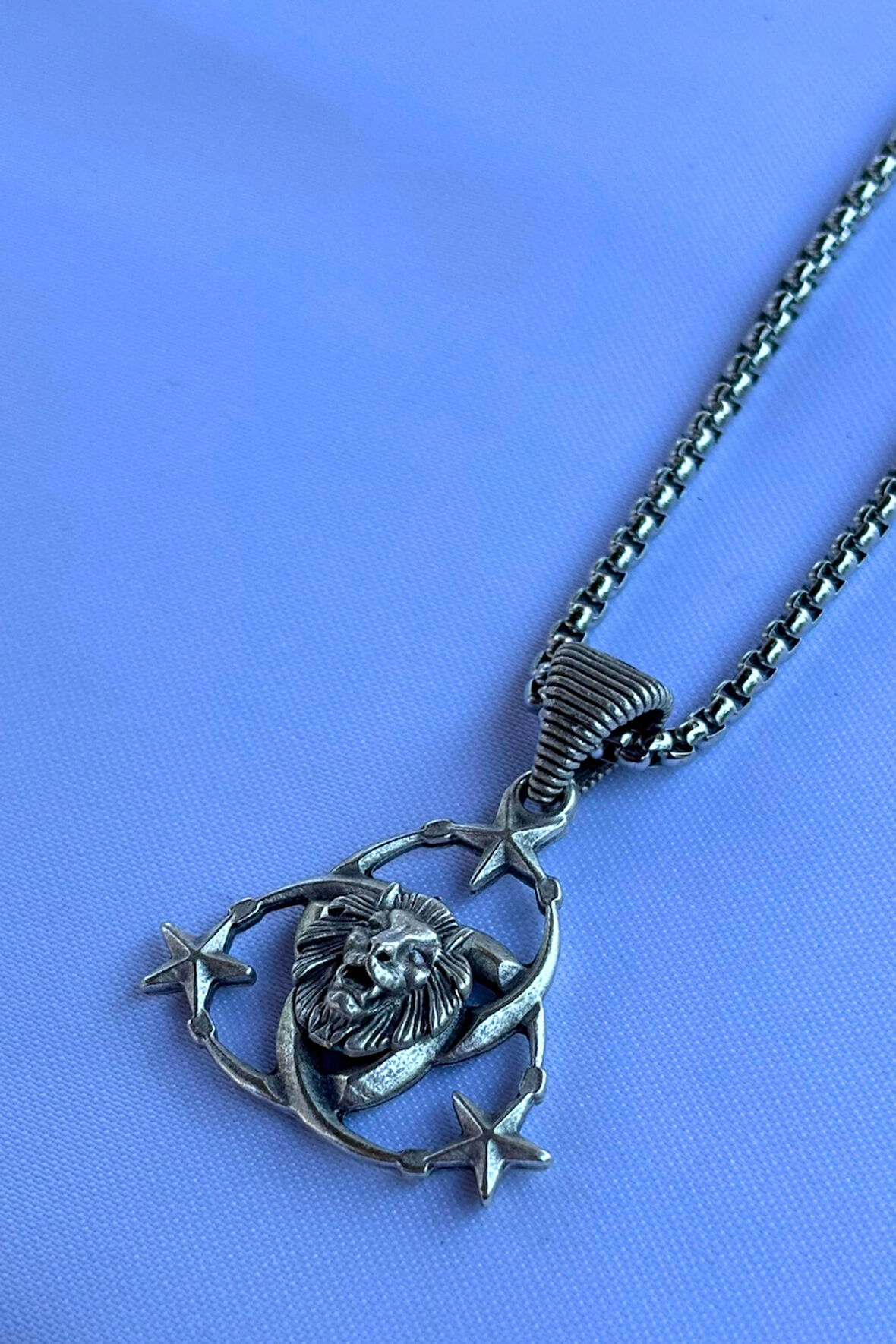 Aslanlı Ay Yıldız El İşçiliği Paslanmaz Çelik Zincir Erkek Kolye