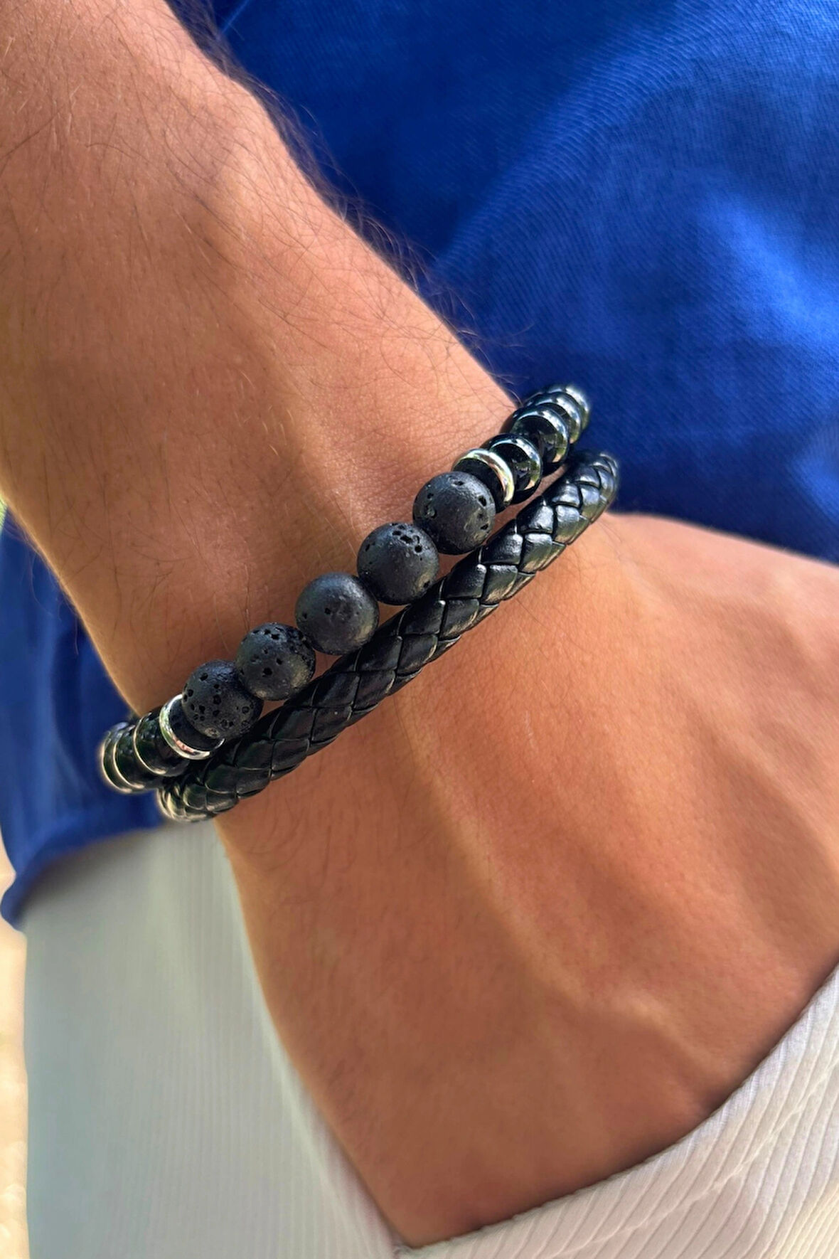 Siyah Taşlı El İşçiliği ile Üretilmiş Hakiki Deri Erkek Bileklik