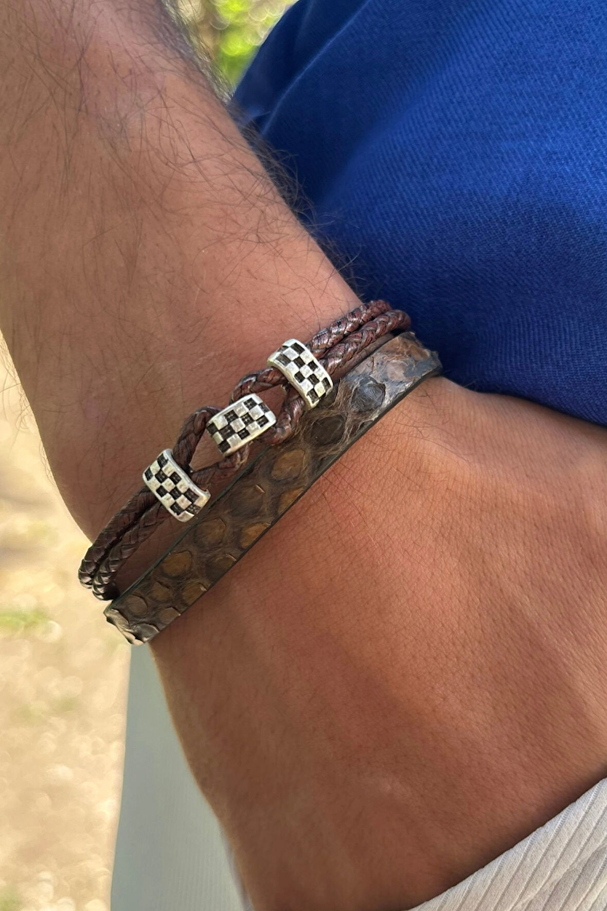 Yılan Derisi Desenli El İşçiliği ile Üretilmiş Hakiki Deri Erkek Bileklik