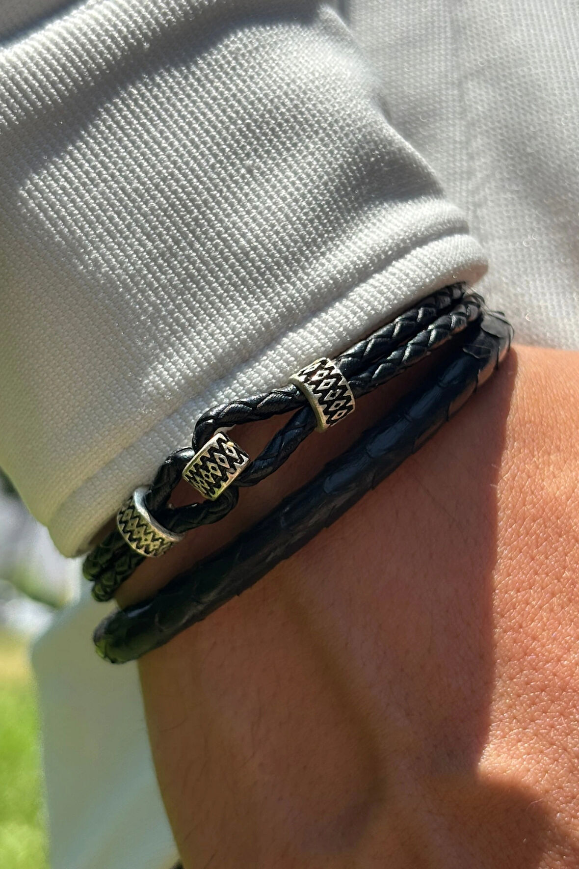 Yılan Derisi Desenli El İşçiliği ile Üretilmiş Hakiki Deri Erkek Bileklik