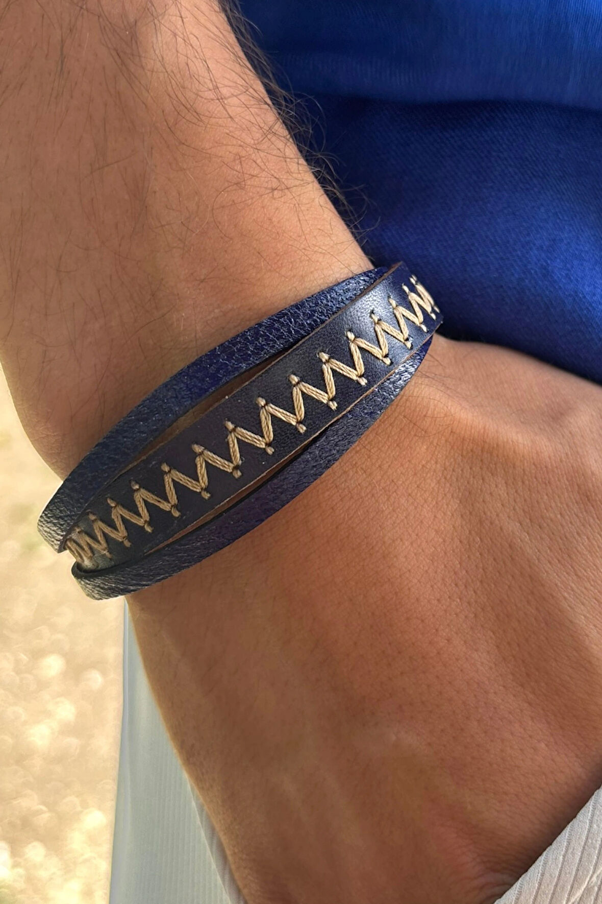 Dikiş Desenli Lacivert El İşçiliği ile Üretilmiş Hakiki Deri Erkek Bileklik