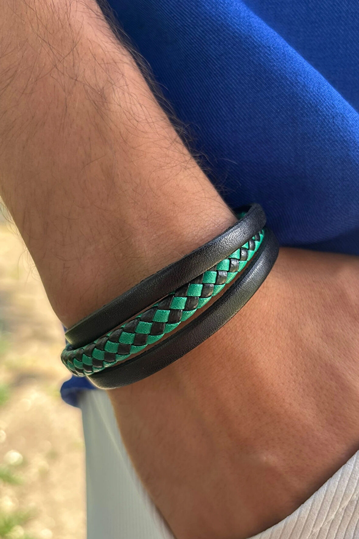 Yeşil Siyah Desen El İşçiliği ile Üretilmiş Hakiki Deri Erkek Bileklik