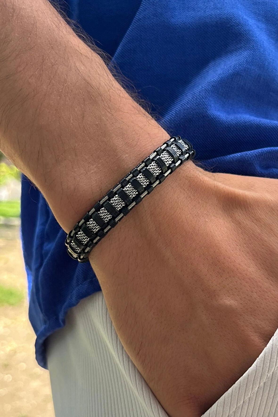 Şık Damalı Desen El İşçiliği ile Üretilmiş Hakiki Deri Erkek Bileklik