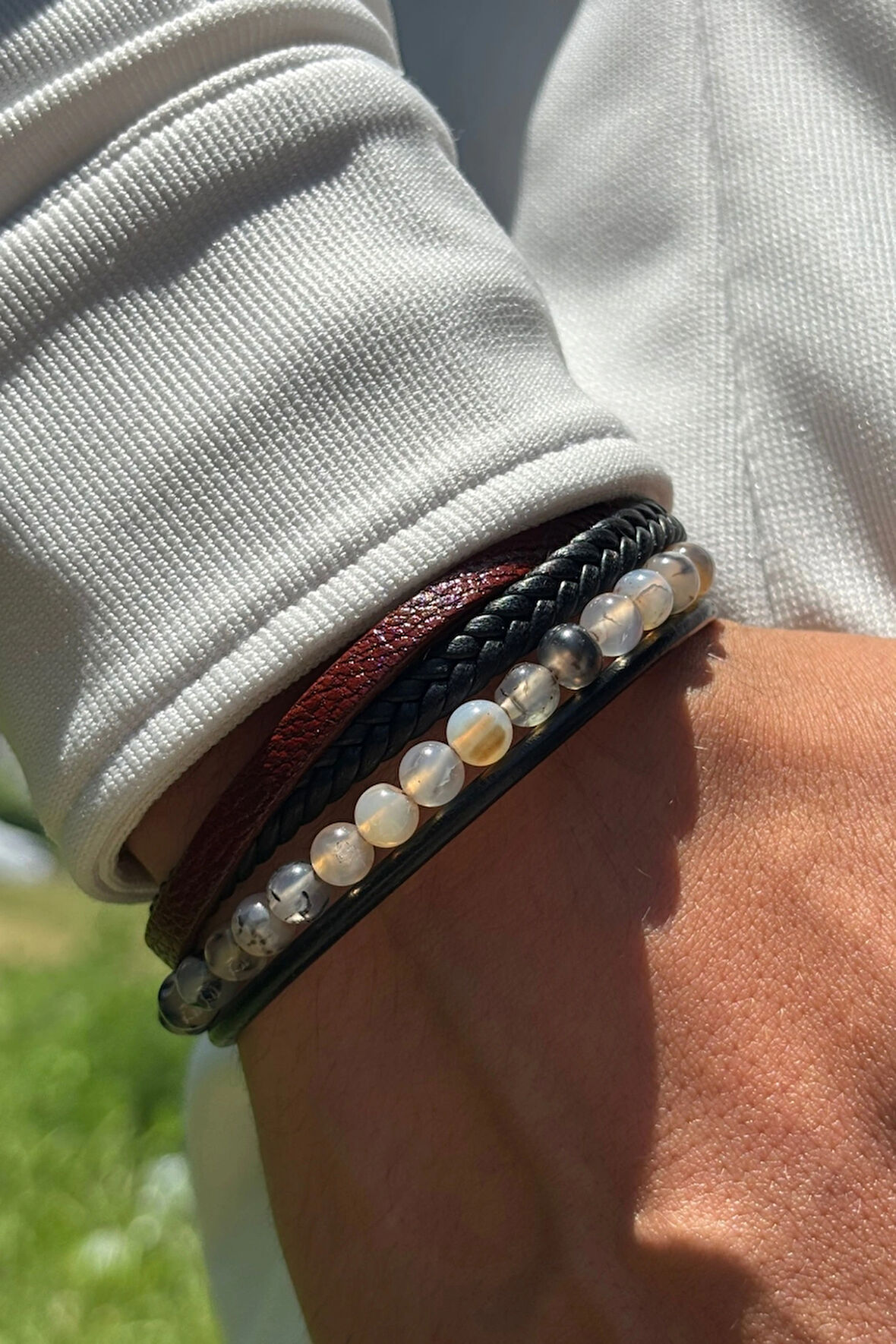 Doğal Taşlı El İşçiliği ile Üretilmiş Hakiki Deri Erkek Bileklik