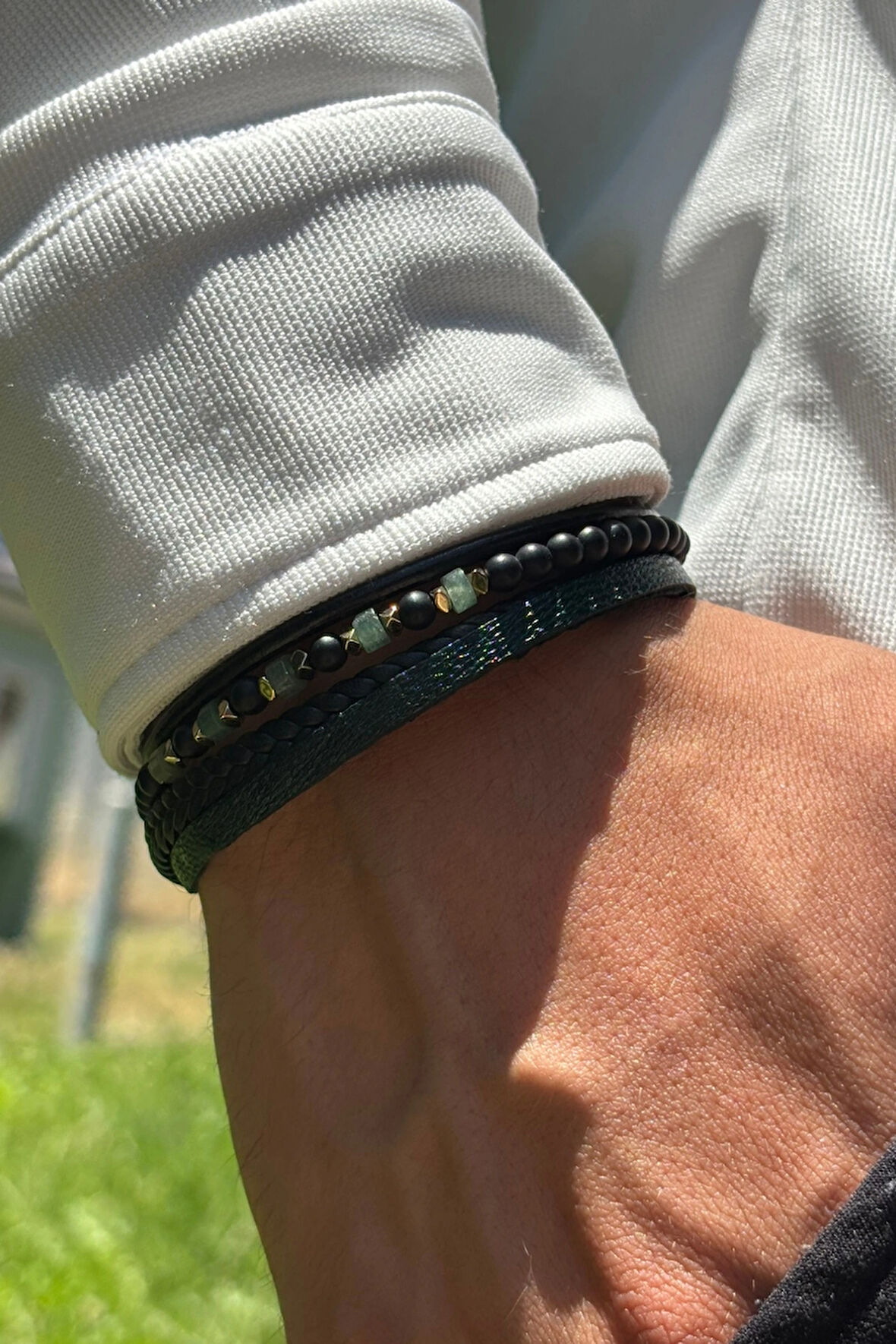 Doğal Taş ve Örgü El İşçiliği ile Üretilmiş Hakiki Deri Erkek Bileklik