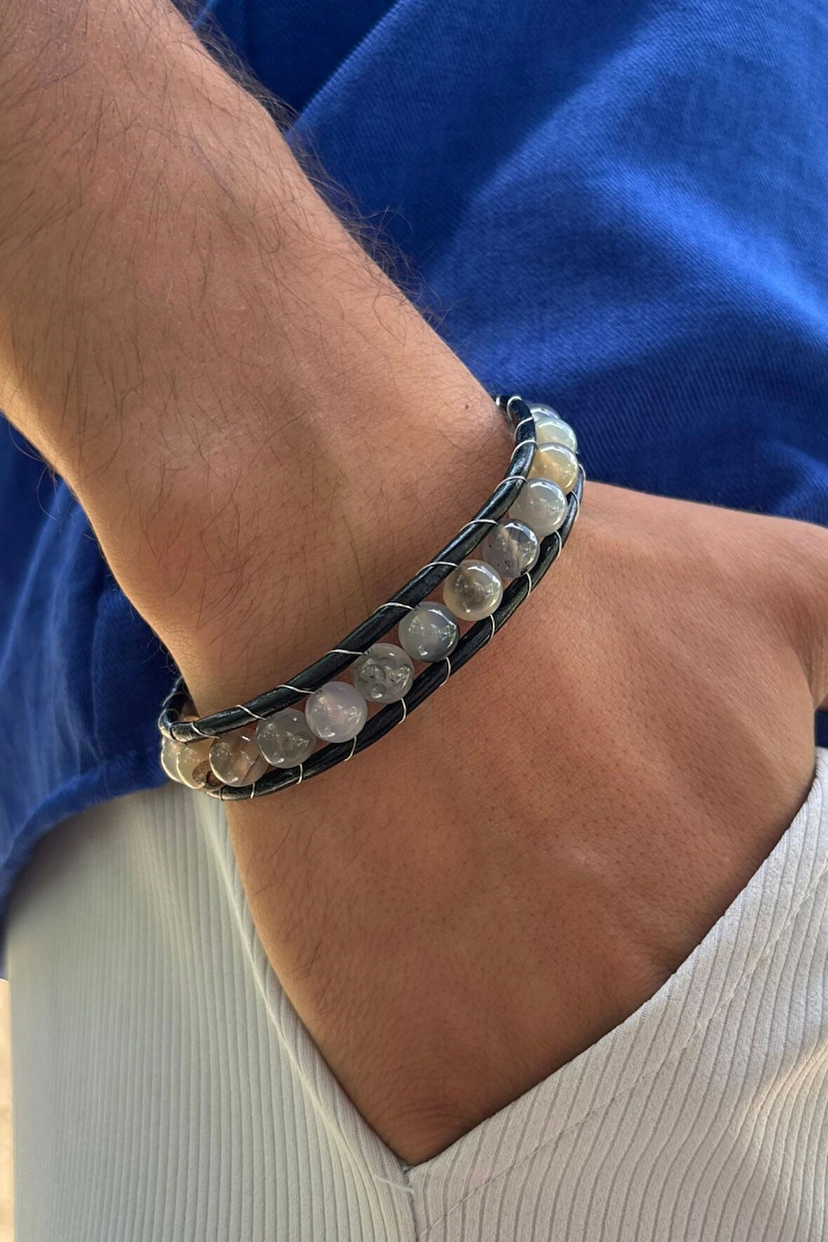 Doğal Taşlı El İşçiliği ile Üretilmiş Hakiki Deri Erkek Bileklik