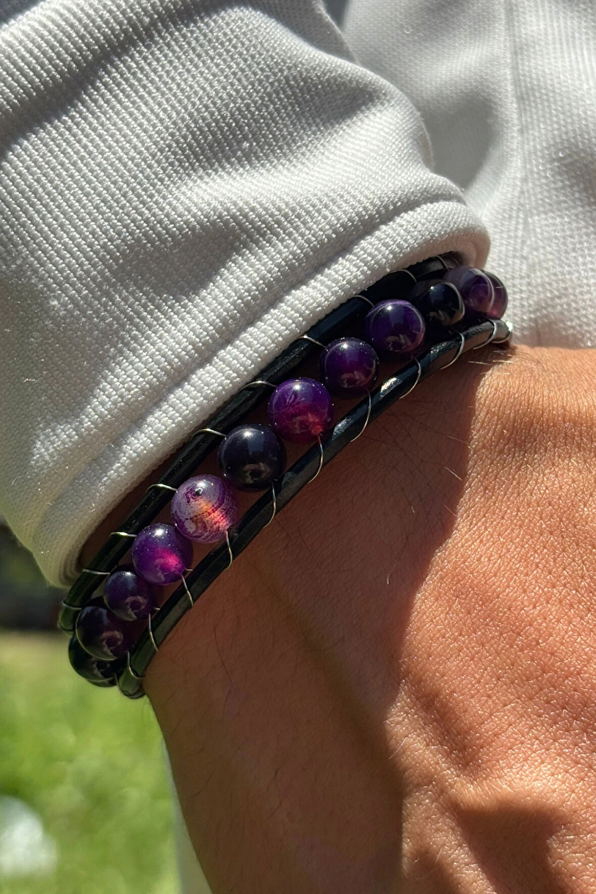 Mor Doğal Taşlı El İşçiliği ile Üretilmiş Hakiki Deri Erkek Bileklik