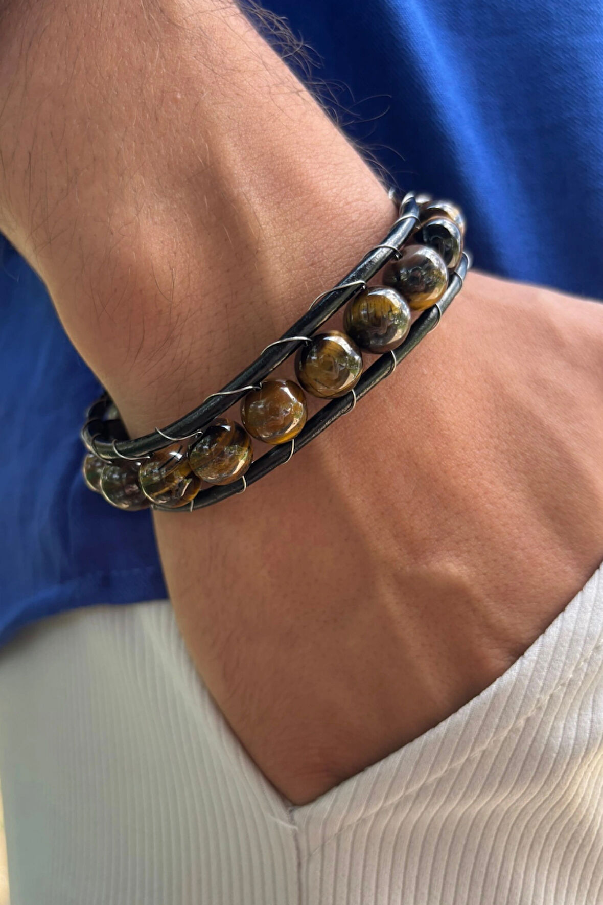 Kahverengi Doğal Taşlı El İşçiliği ile Üretilmiş Hakiki Deri Erkek Bileklik