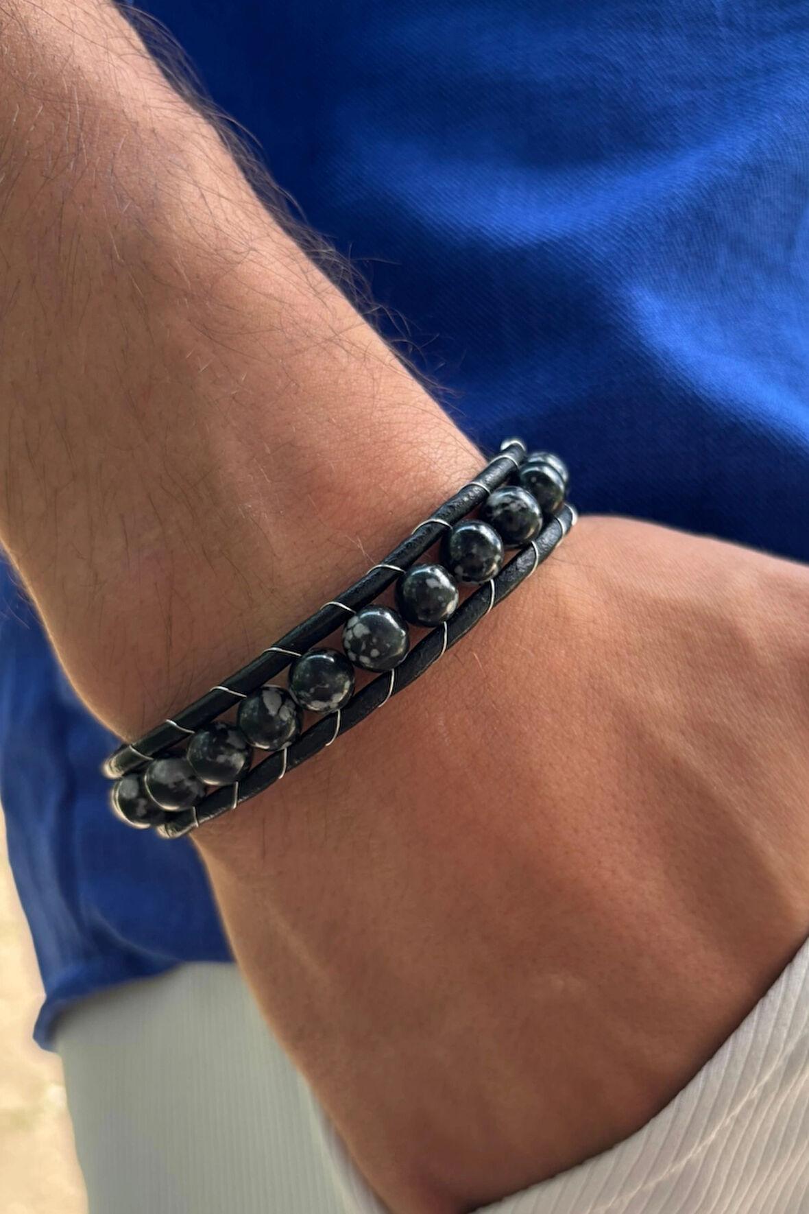 Siyah Doğal Taş El İşçiliği ile Üretilmiş Hakiki Deri Erkek Bileklik