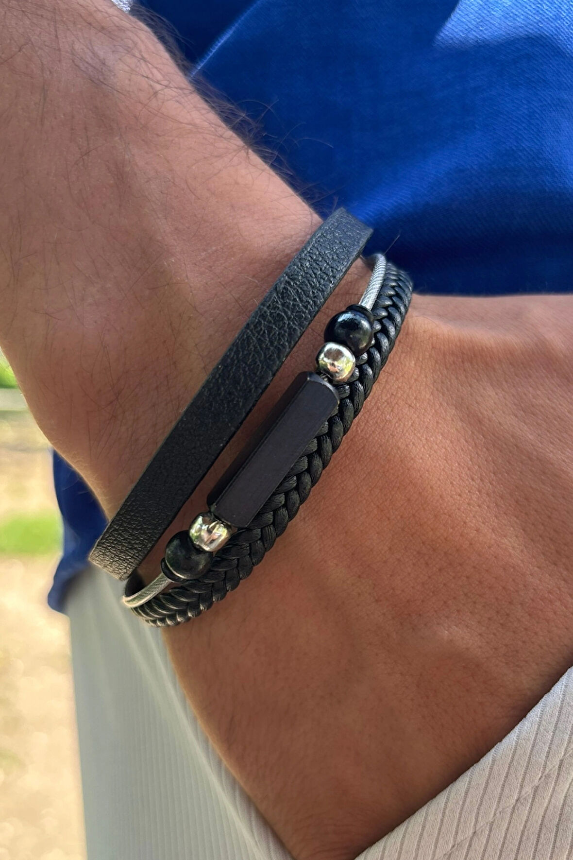Siyah Örgülü Taşlı El İşçiliği ile Üretilmiş Hakiki Deri Erkek Bileklik