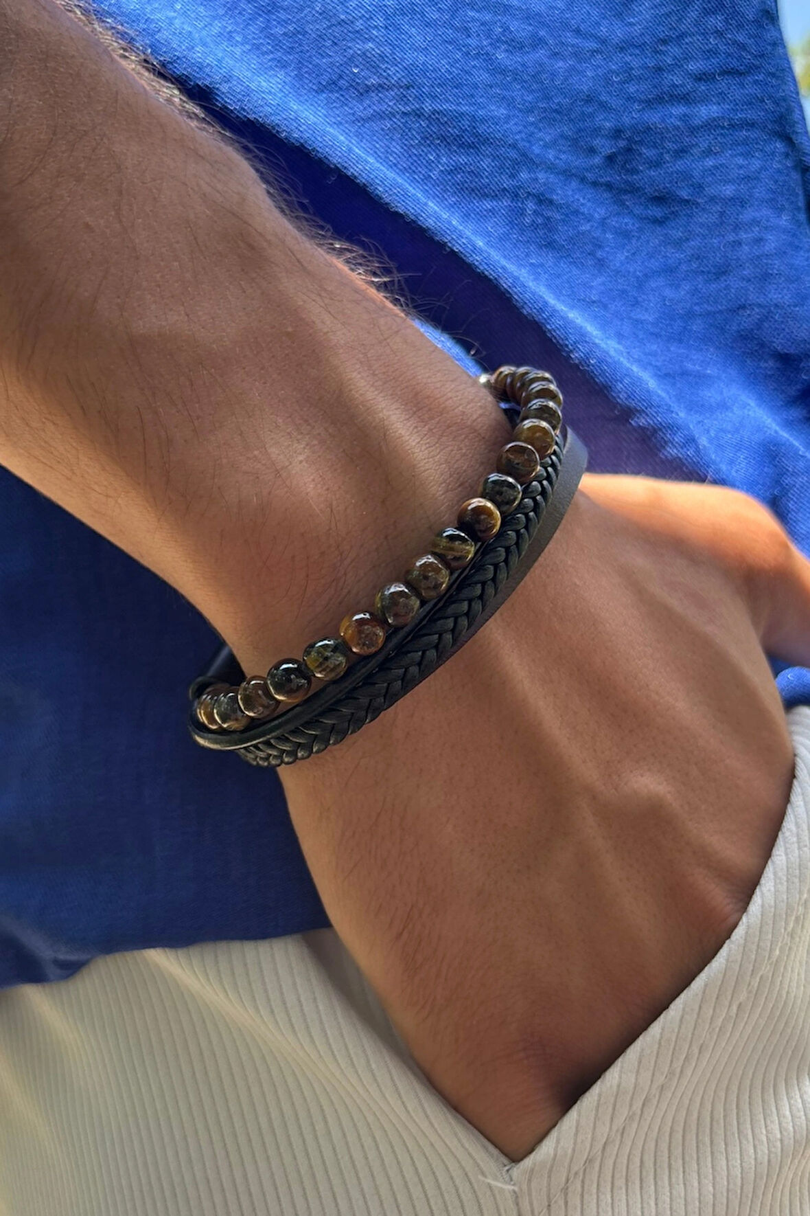 Kahverengi Doğal Taşlı El İşçiliği ile Üretilmiş Hakiki Deri Erkek Bileklik