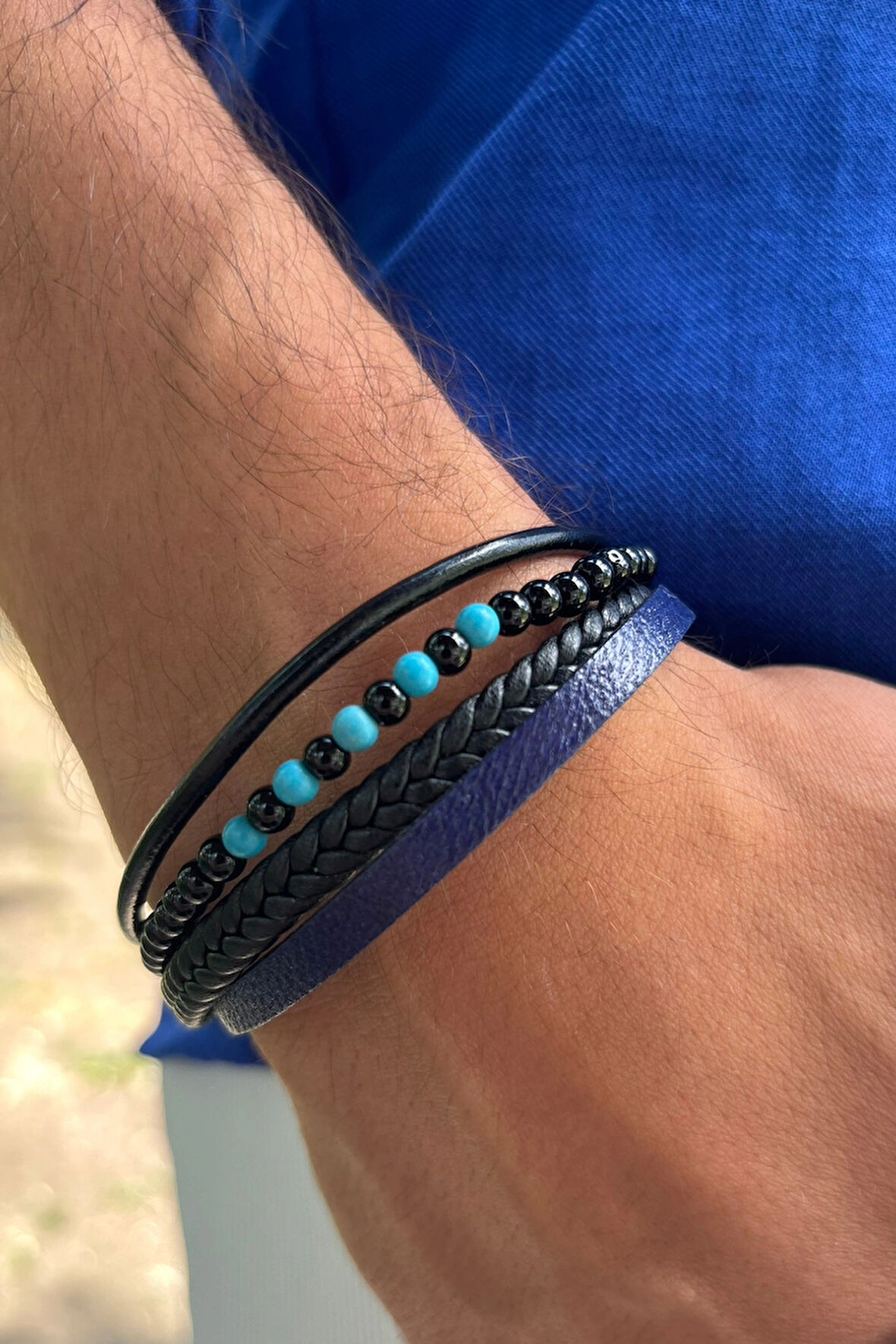 Taşlı Örgülü El İşçiliği ile Üretilmiş Hakiki Deri Erkek Bileklik