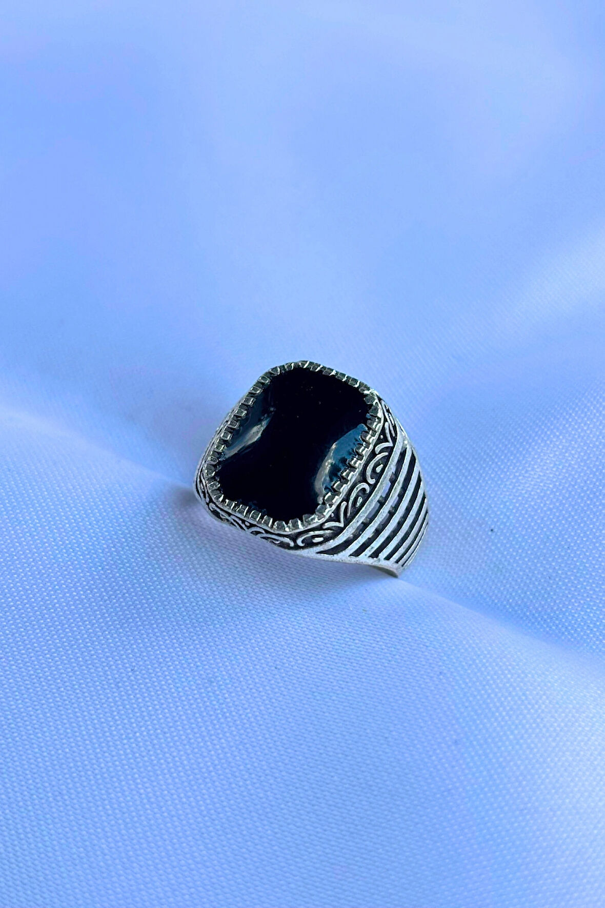 Siyah Taşlı Özel Tasarım Maskülen Ayarlanabilir Erkek Yüzük