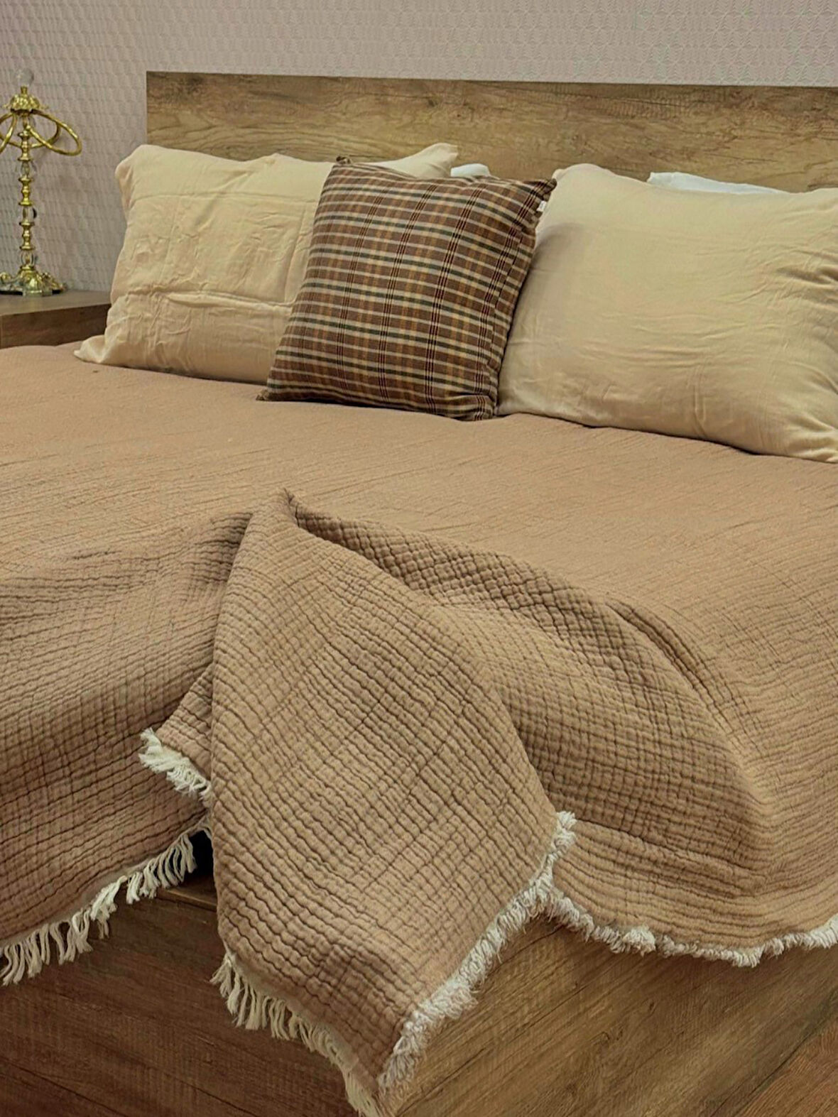 Bej 7 Katlı Çift Taraflı Dolgulu Çift Kişilik Müslin Battaniye %100 Pamuk 230x240 cm