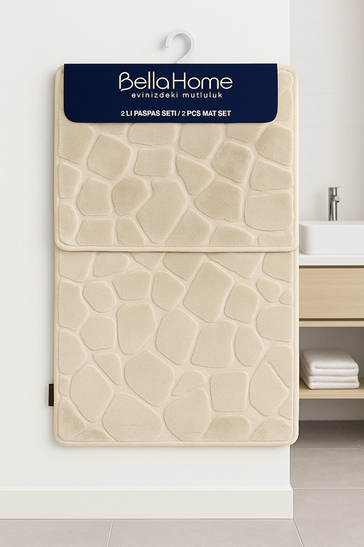 Bella Home 2'li Taş Puffy Klozet Takımı - Yıkanabilir Kaymaz Dot Taban - 60x100 cm 50x60 cm