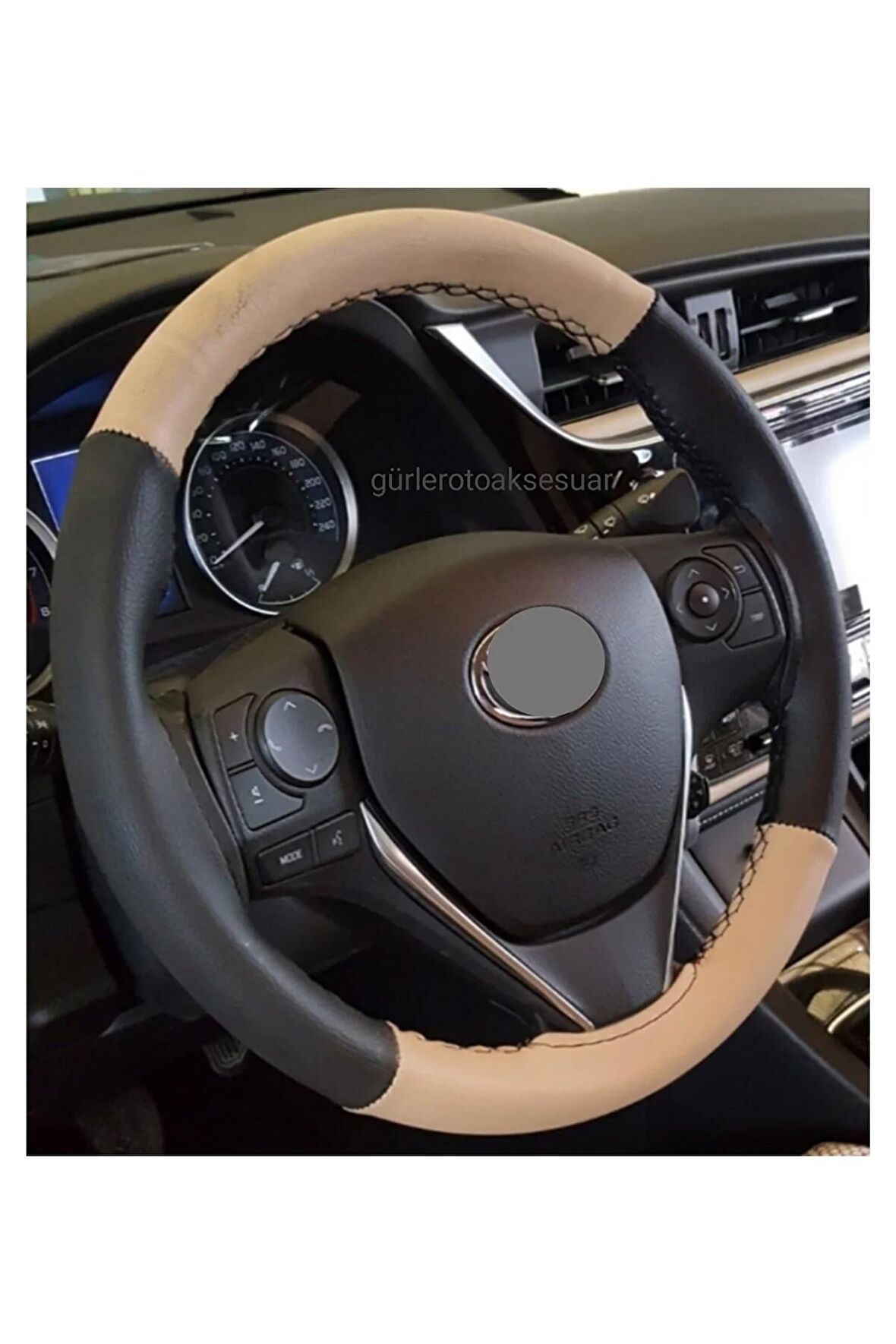 Toyota Corolla 2013 Uyumlu Dikmeli Direksiyon Kılıfı Iki Renkli Bej-Siyah A Plus