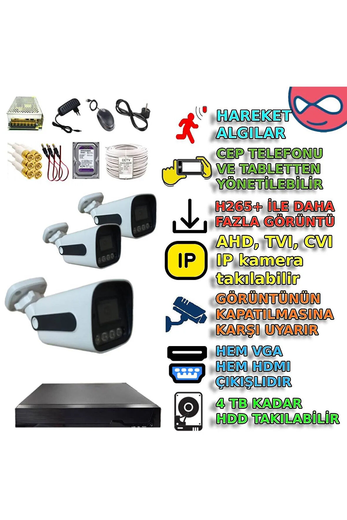 XMPRO 3 Kameralı Gece Renkli Gösteren Güvenlik Kamera Seti - Beyxm303set3