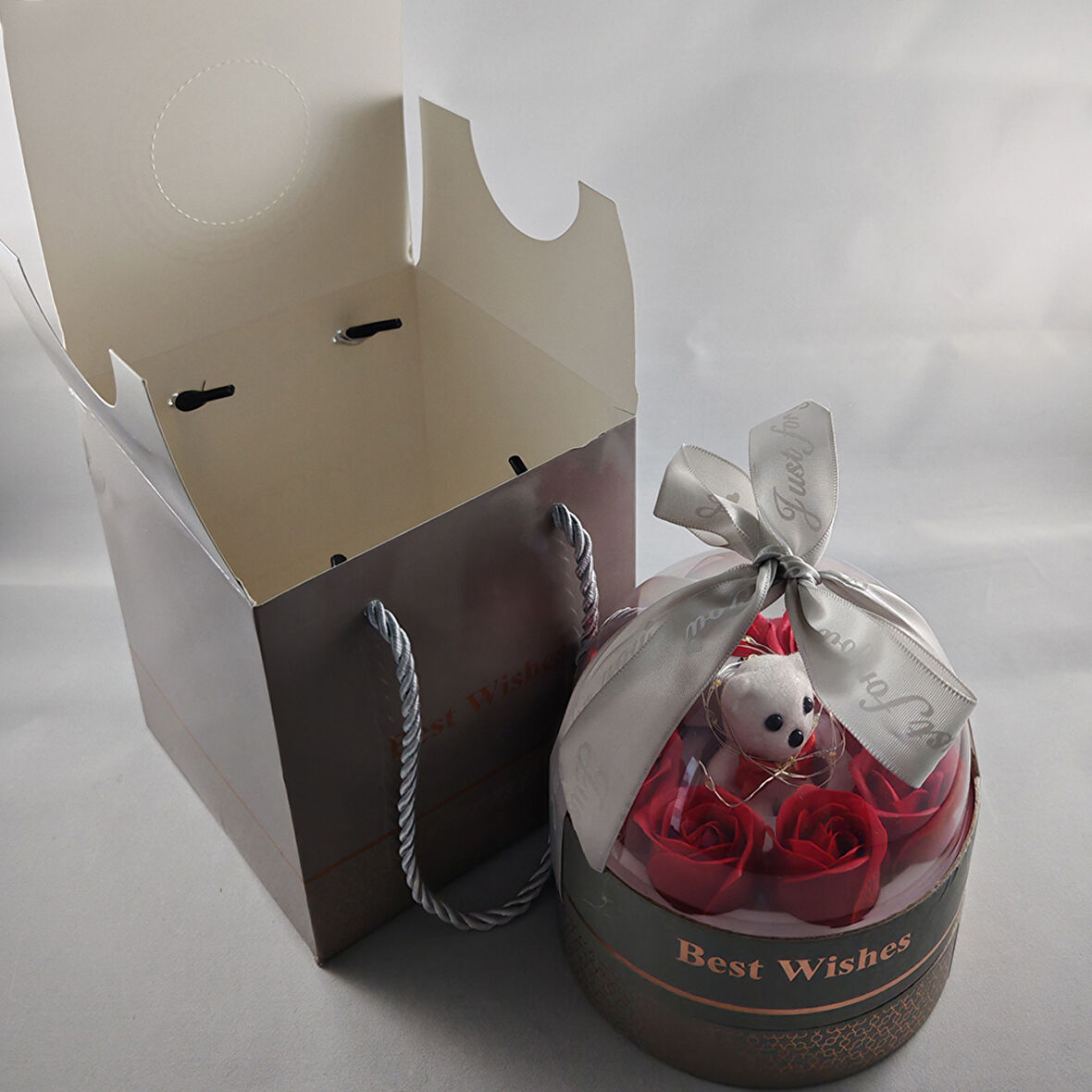 LED li Gümüş Fanus Ayıcık & Solmayan Gül Hediye Kutusu