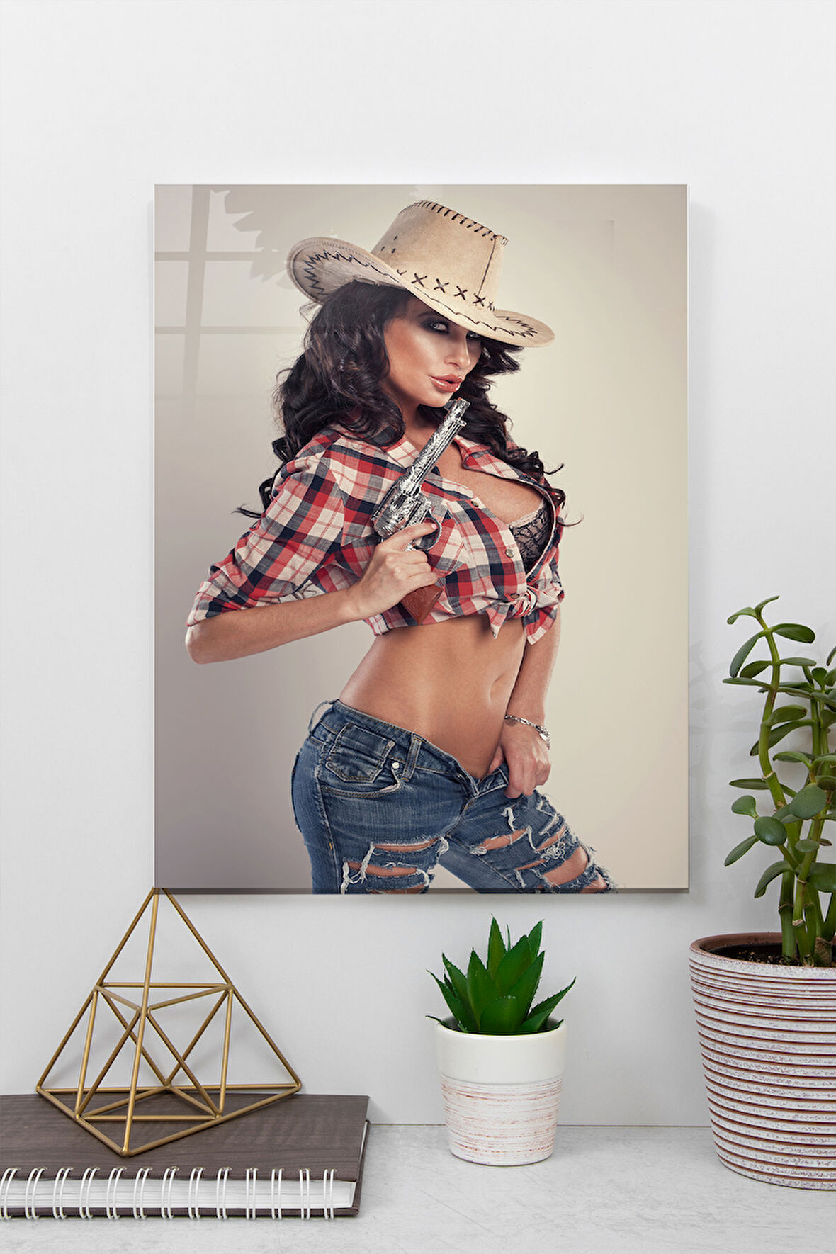 Seksi Kovboy Kadın Cam Tablo | Hediyelik, Dekoratif, Ofis, Mutfak 