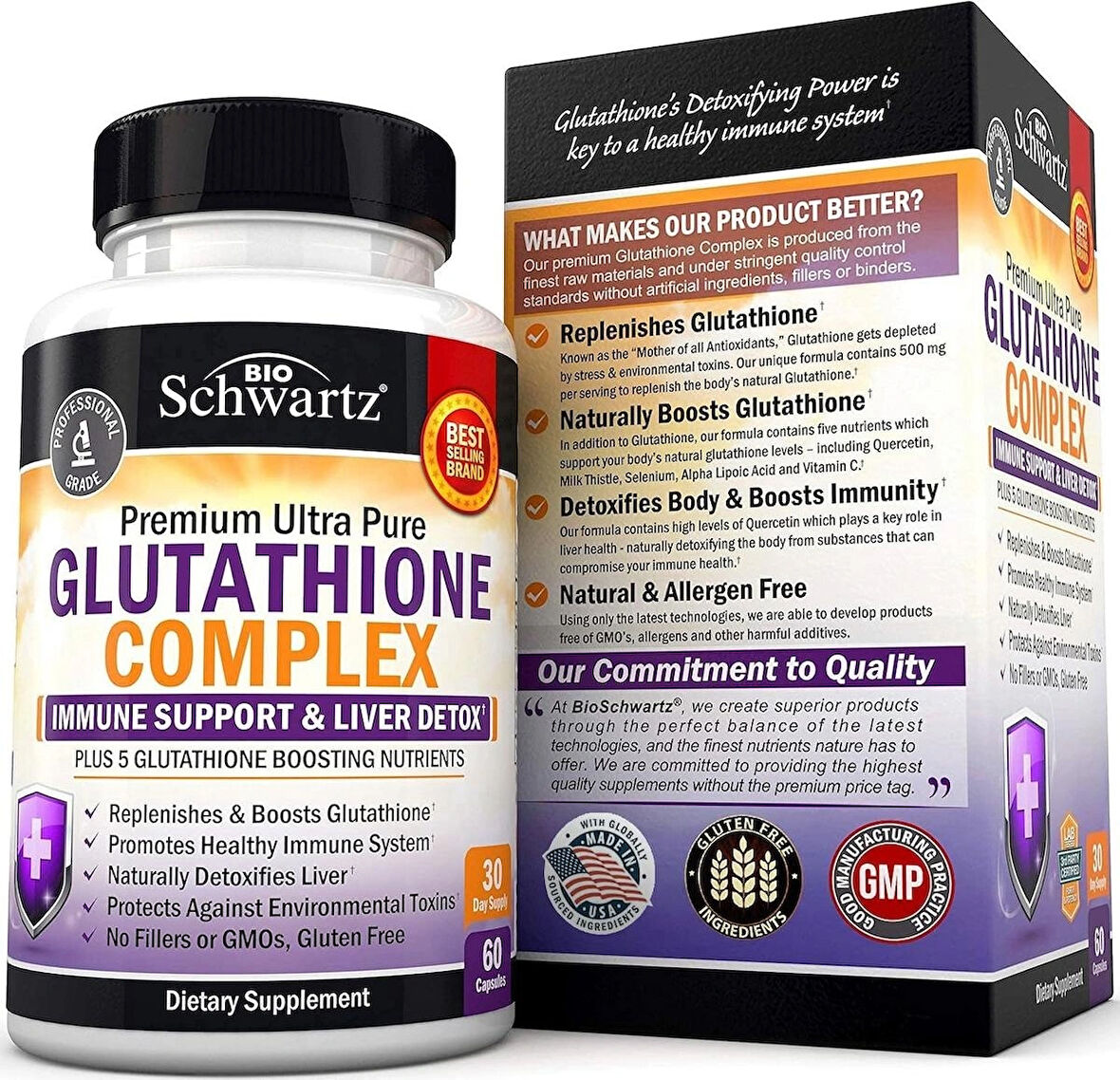 BioSchwartz Glutathione Liver Detox with Quercetin Vitamin C Milk Thistle Alpha Lipoic Acid - Immune Support 60 Caps
