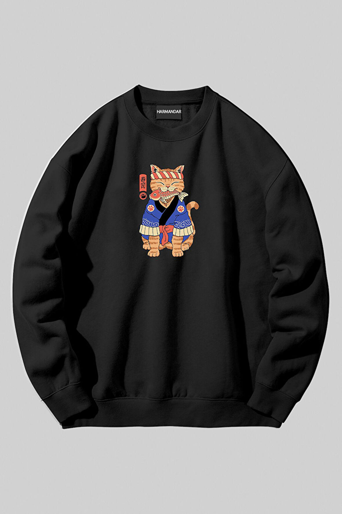 Anime Kedi Baskılı Unisex Siyah Bisiklet Yaka Sweatshirt | XL