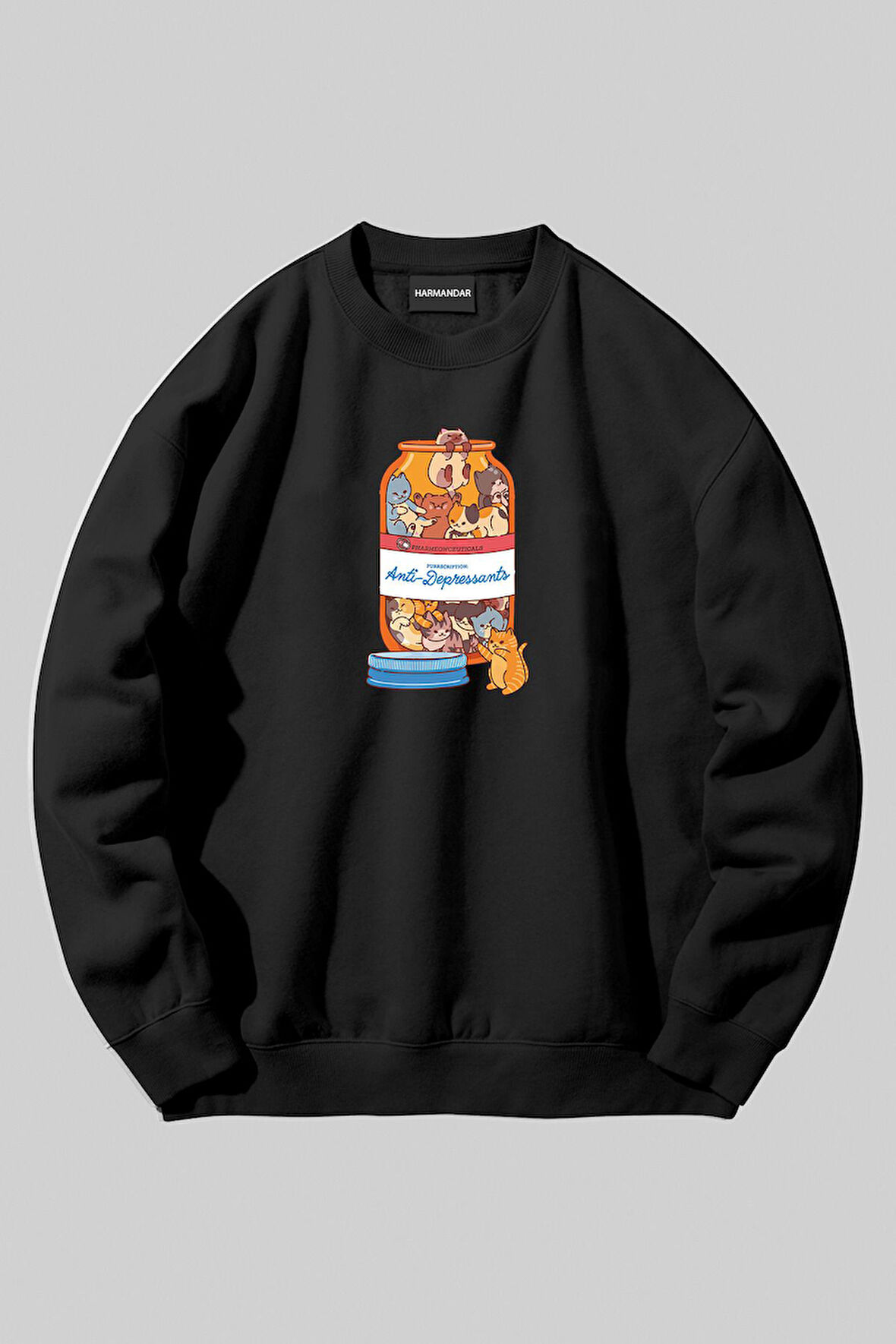 Kedi Baskılı Unisex Siyah Bisiklet Yaka Sweatshirt | XL