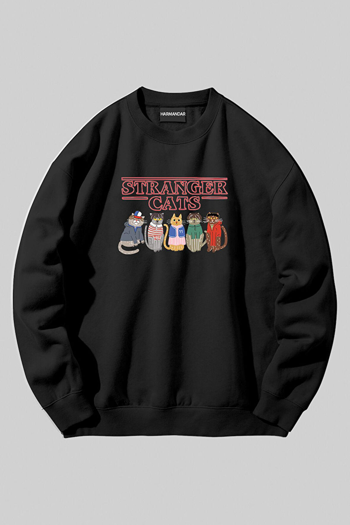 Stranger Things Stranger Cats Baskılı Unisex Siyah Bisiklet Yaka Sweatshirt | L