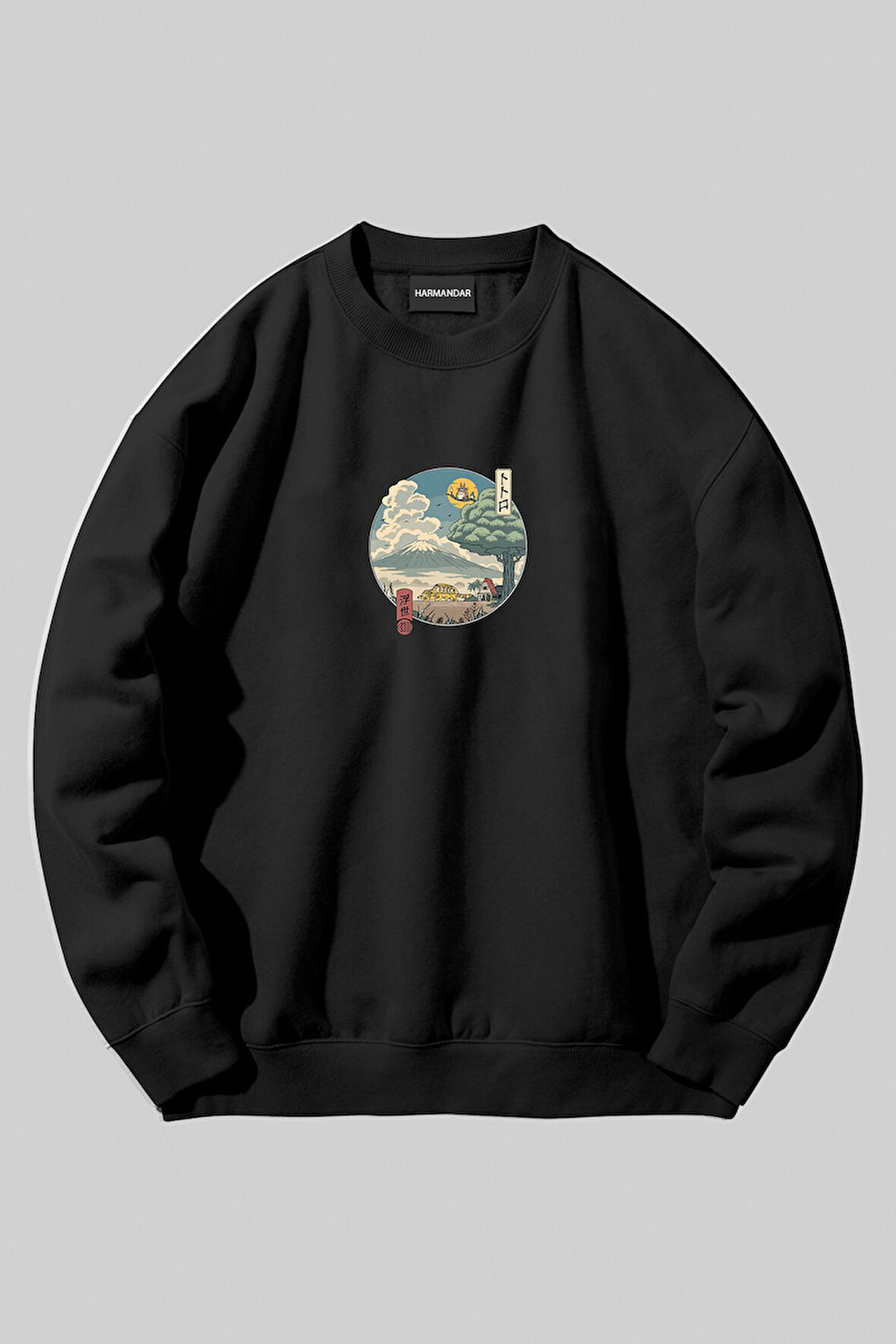 Totoro Anime Baskılı Unisex Siyah Bisiklet Yaka Sweatshirt | XL
