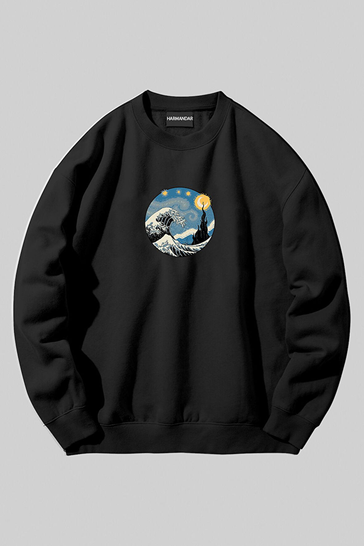 Yıldızlı Gece Wave Dalga Baskılı Siyah Unisex Bisiklet Yaka Sweatshirt | M