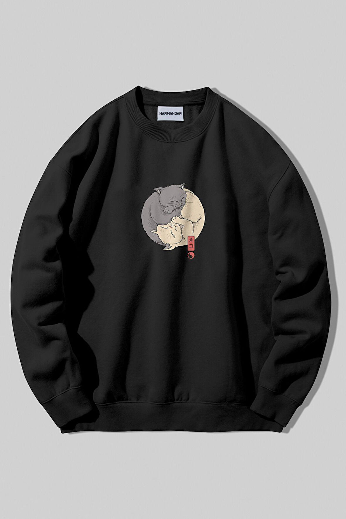Ying Yang Kedi Baskılı Unisex Siyah Kanguru Bisiklet Yaka Sweatshirt | L
