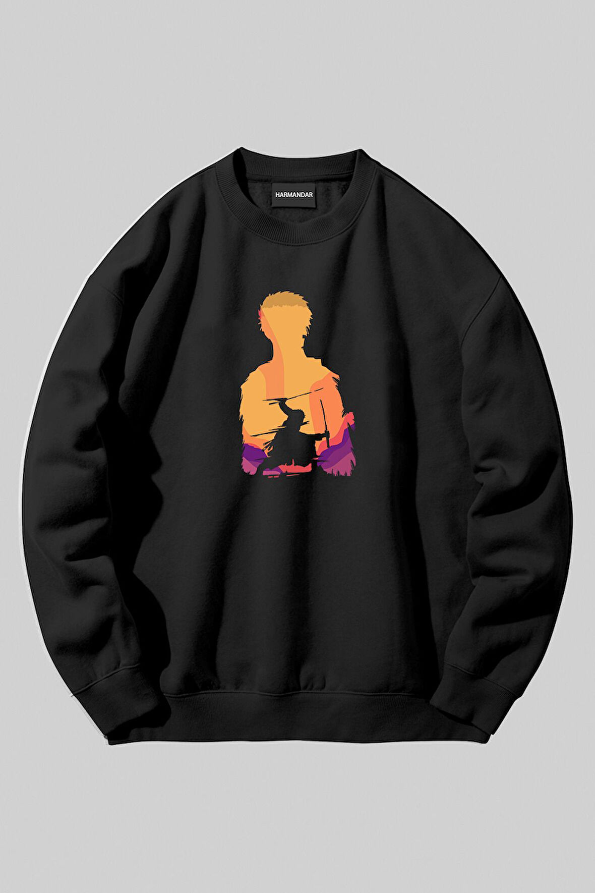 One Piece Zoro Anime Baskılı Unisex Siyah Bisiklet Yaka Sweatshirt | L