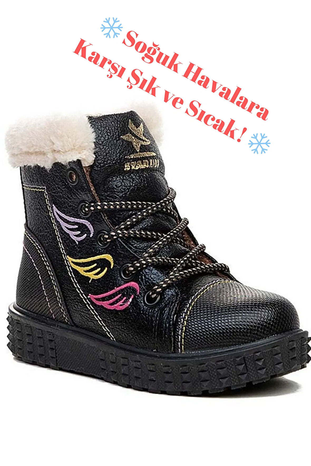 Siyah Melekli Kız Çocuk Kürklü Su Soğuk Geçirmez Bot