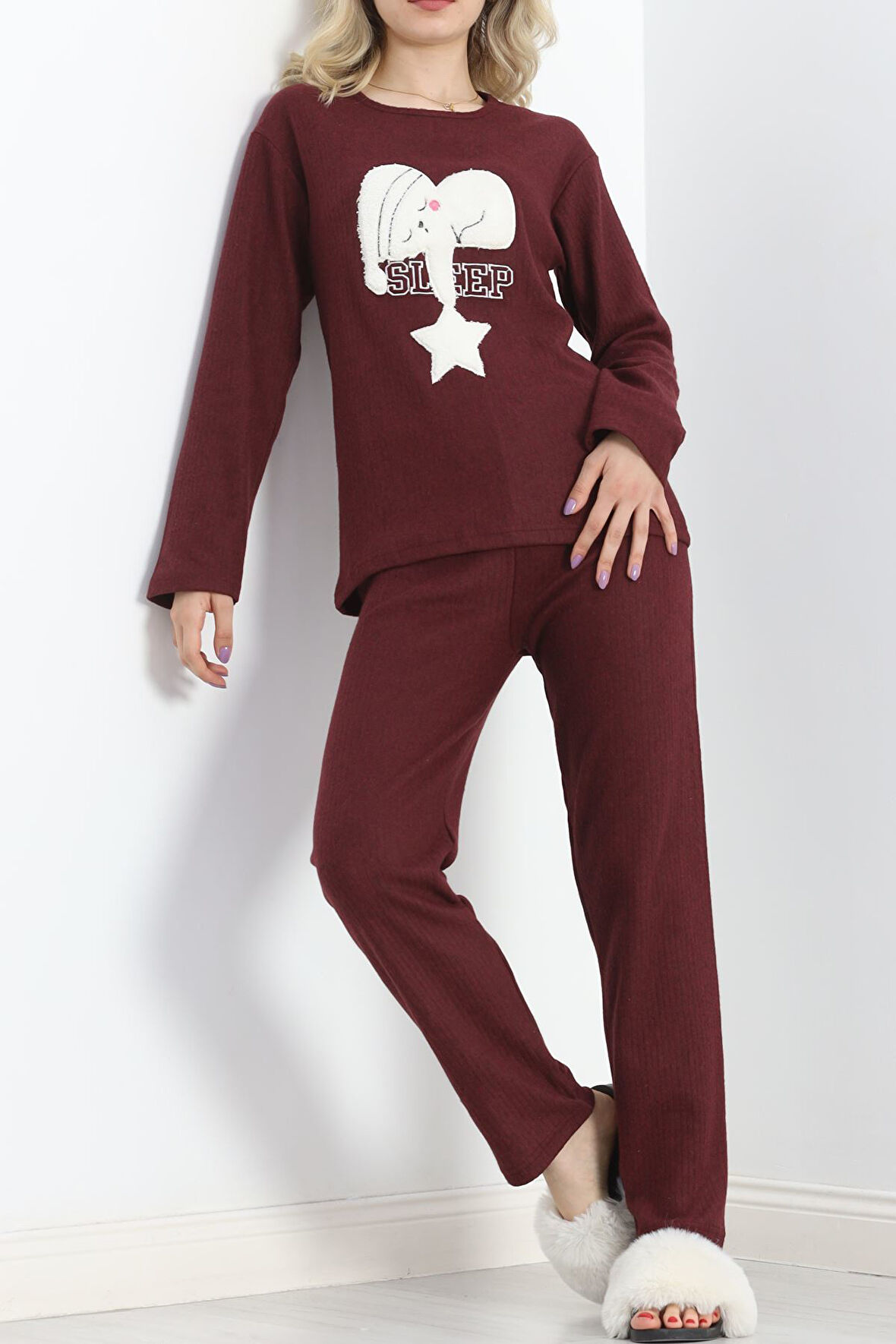 BENSU STORE Nakışlı Fitilli Pijama Takımı Bordo - 19217.1048.