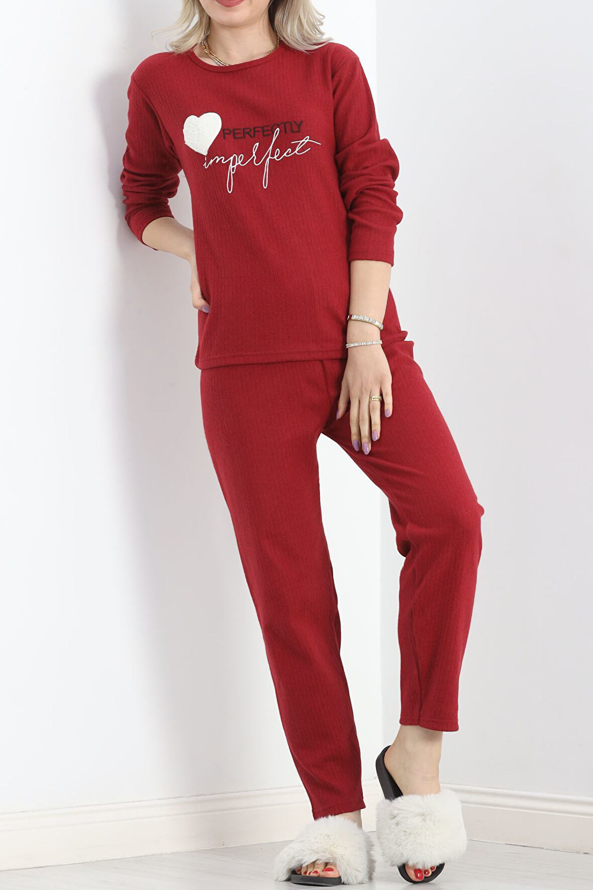 BENSU STORE Nakışlı Fitilli Pijama Takımı Bordo - 19219.1048.