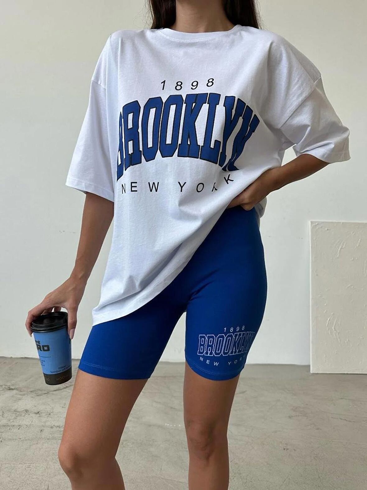 Kadın Brooklyn Beyaz Saks 2'li Oversize T-shirt Tayt Takım