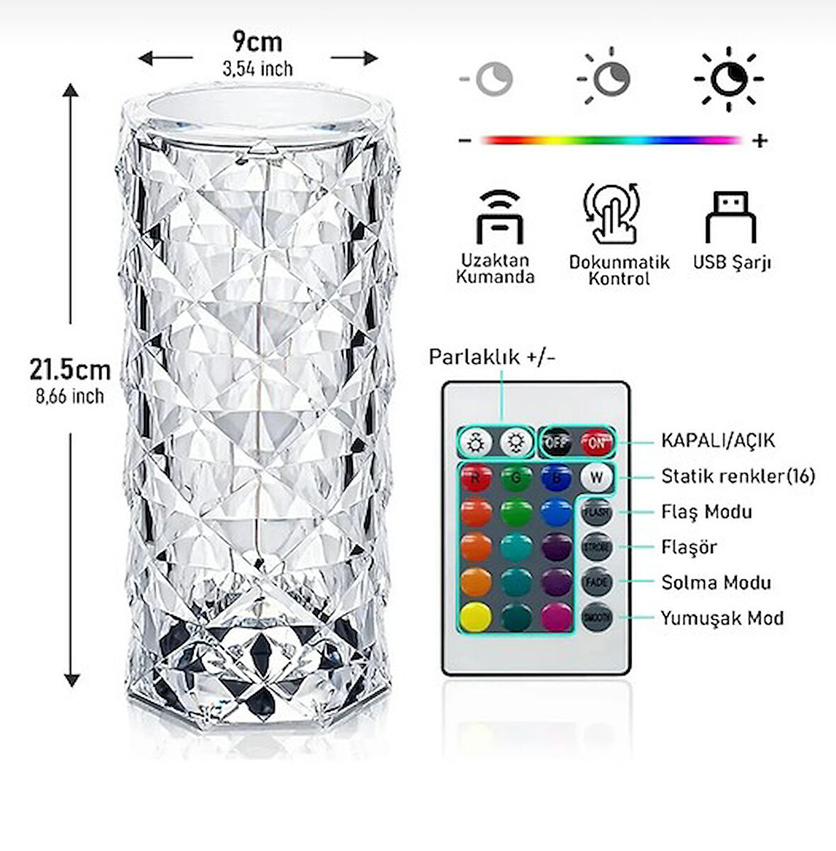 Kristal Elmas Led Dokunmatik Şarjlı Kumandalı Masa Lambası RGB