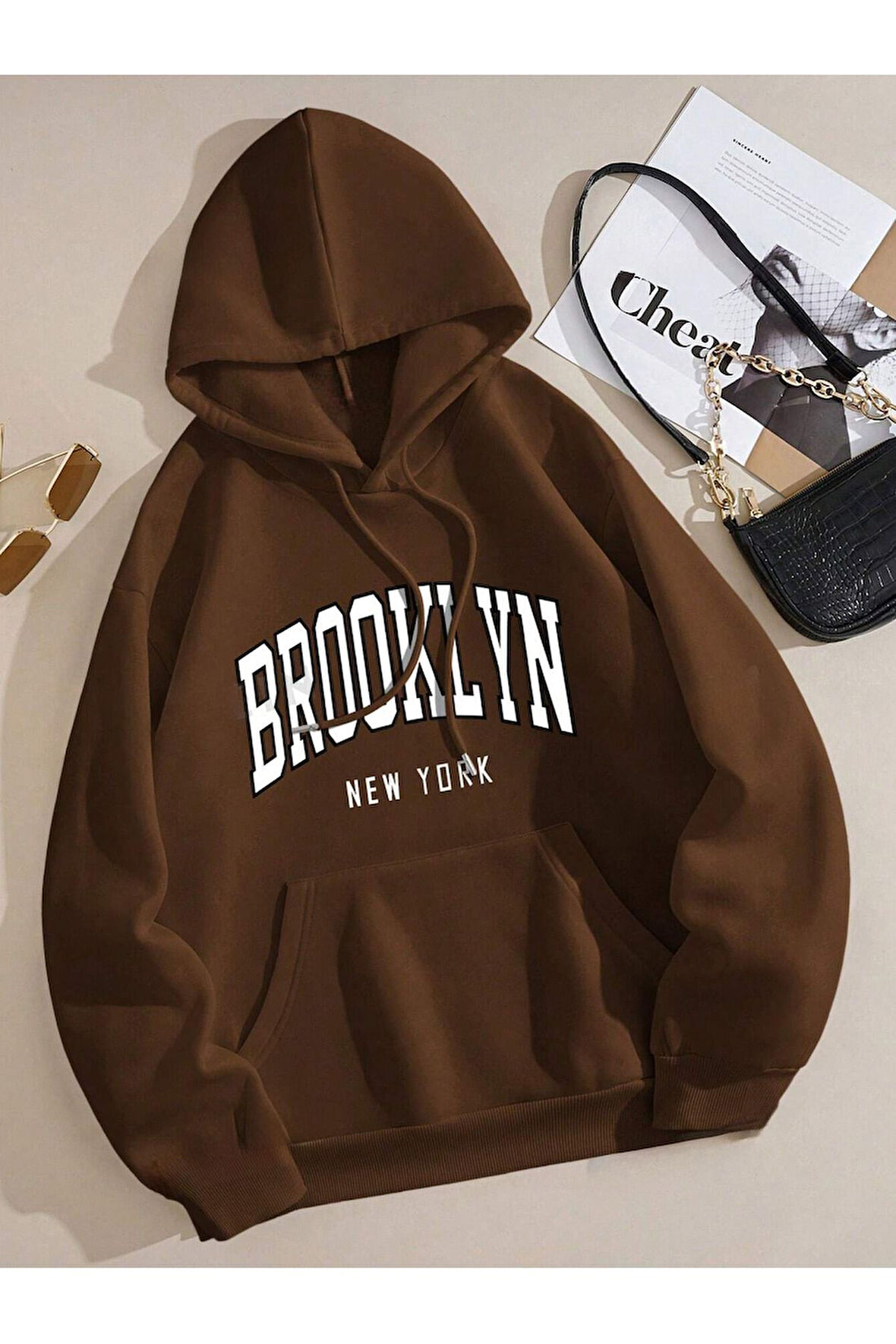 3 Iplik Kalın Pofuduk Brooklyn Kahverengi Unisex Kanguru Cepli Kapüşonlu Sweatshirt Hoodie | L