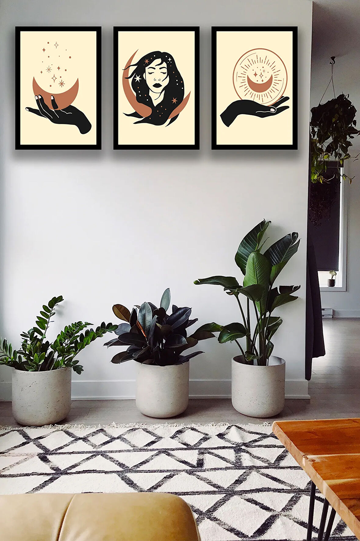 3 Parça Çerçeve Görünümlü Şık Boho Tablo Modeli, Oturma Odası, Salon, Ofis, Yatak Odası Duvar Dekoru