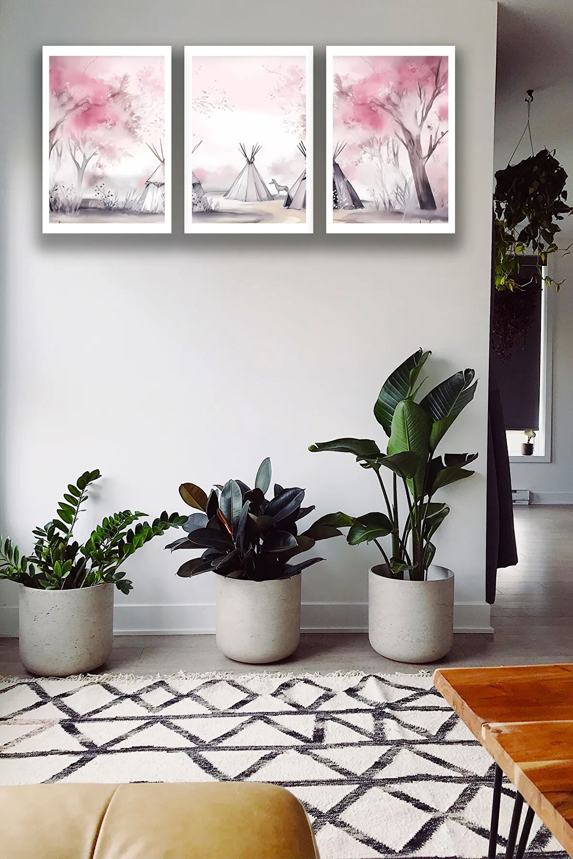 3 Parça Çerçeve Görünümlü Şık Boho Tablo Modeli, Oturma Odası, Salon, Ofis, Yatak Odası Duvar Dekoru