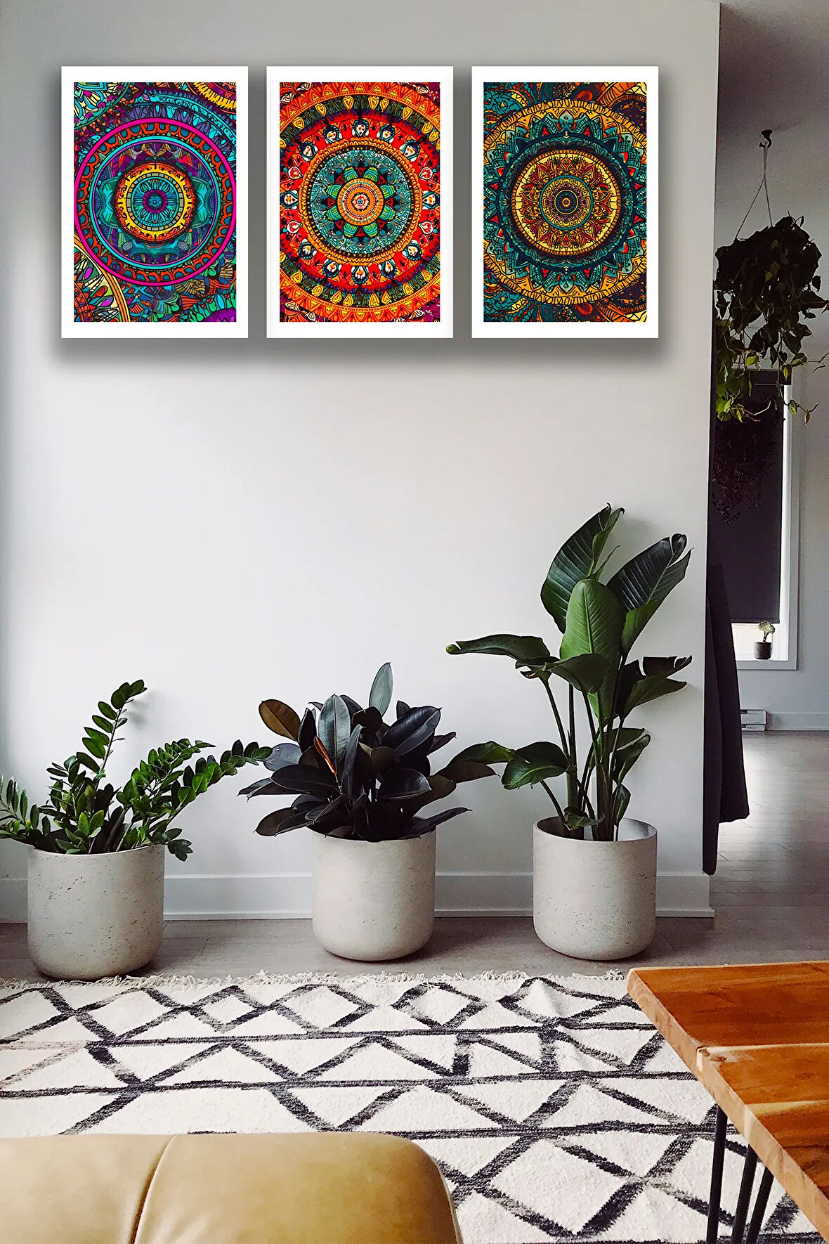 3 Parça Çerçeve Görünümlü Şık Boho Tablo Modeli, Oturma Odası, Salon, Ofis, Yatak Odası Duvar Dekoru